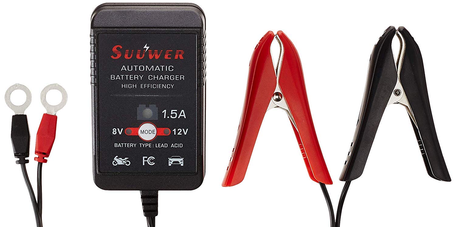 1.5-Amp 8V/12V Fully-Automatic Smart Battery Charger & Maintainer for Motorcycle, Golf Cart, Car, Lawn Mower - Ideal for Winter Storage & Seasonal Vehicle Maintenance