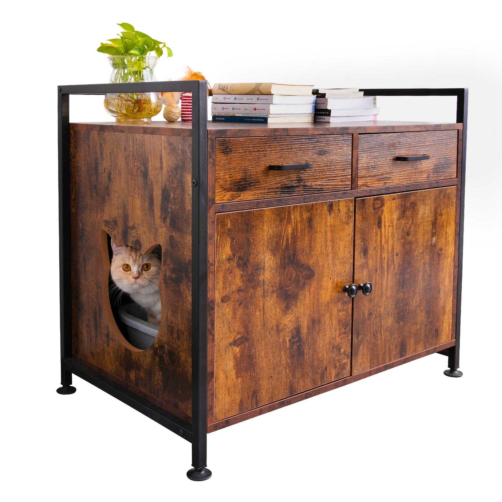 Tengchang Large Cat Litter Box Enclosure Cabinet - Hidden Cat Washroom House with Double Drawers & Doors for Odor Control | Perfect for Small Spaces & Multi-Cat Homes
