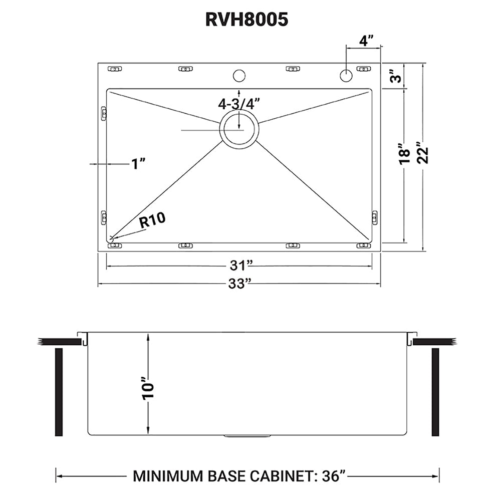 33 x 22 Inch Drop-in Tight Radius 16 Gauge Stainless Steel Topmount Kitchen Sink Single Bowl - Perfect for Modern Kitchens, Restaurants & RV Camping