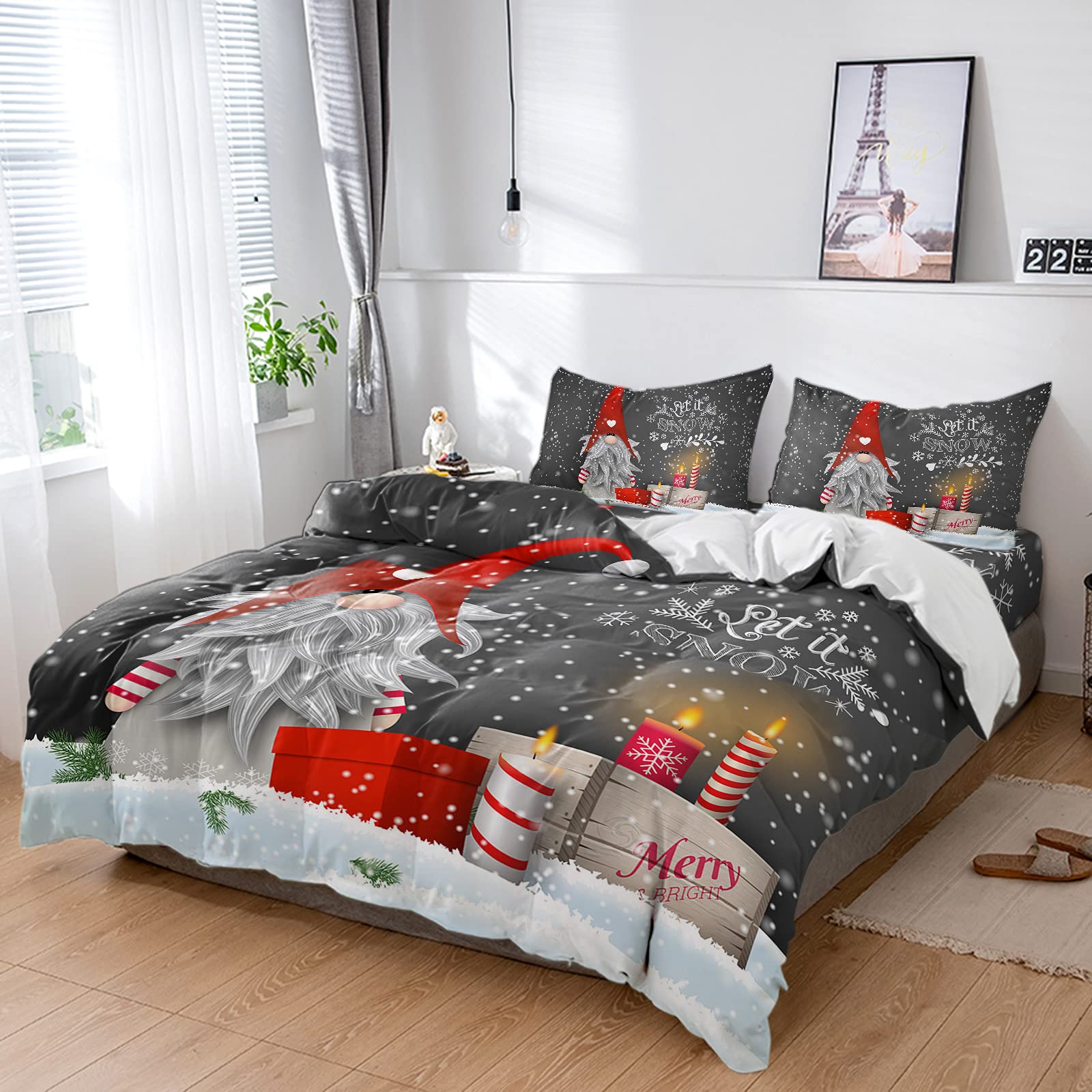 California King Duvet Cover Set 4-Piece - Christmas Gnome with Candle Winter Design, Ultra Soft Breathable Comforter Cover with Flat Sheet & 2 Decorative Pillow Shams - Snowflake White Bedding for Cozy Winter Nights