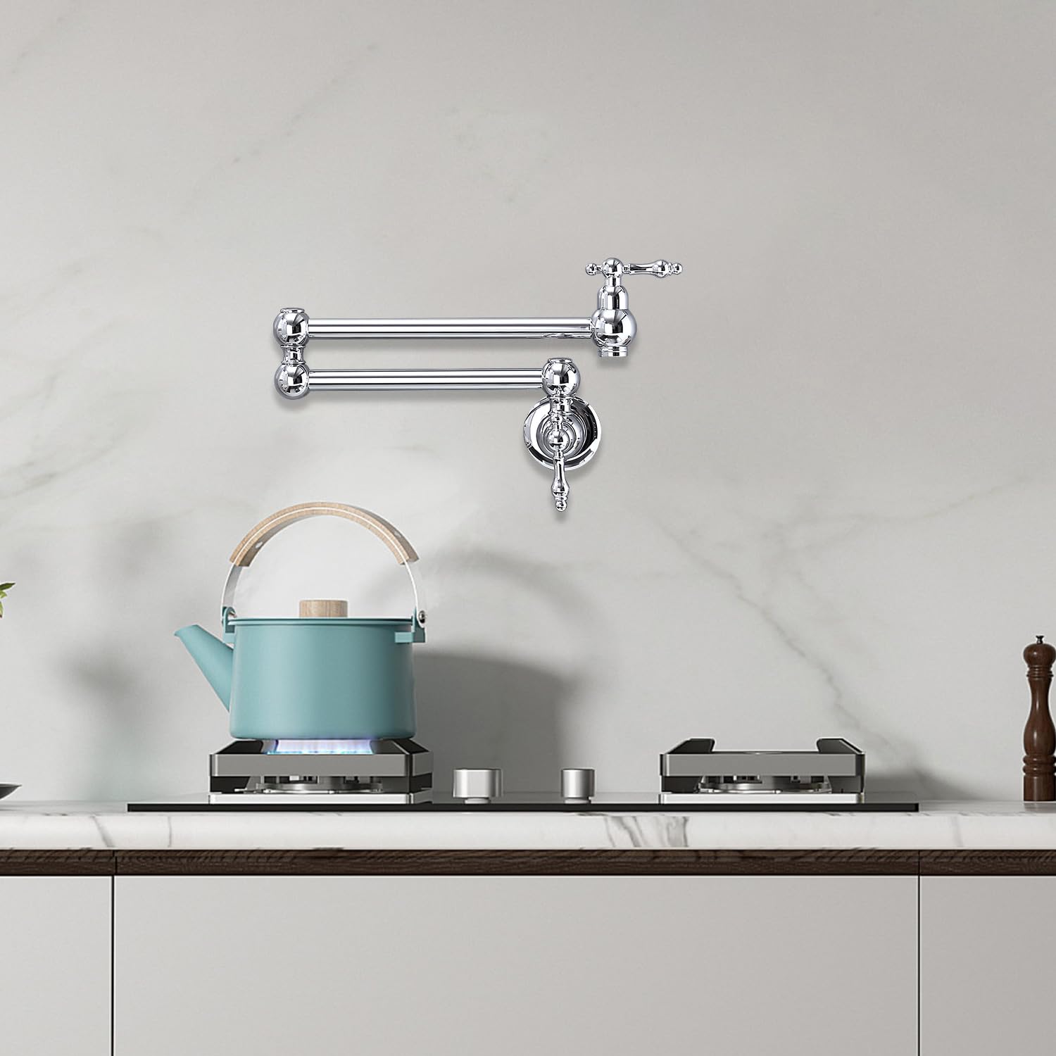 Wall Mounted Brass Pot Filler Faucet - Folding Stretchable Swing Arm with Dual Handles for Kitchen & Restaurant (Chrome Finish) | Perfect for Filling Large Pots, Stockpots & Cooking Vessels