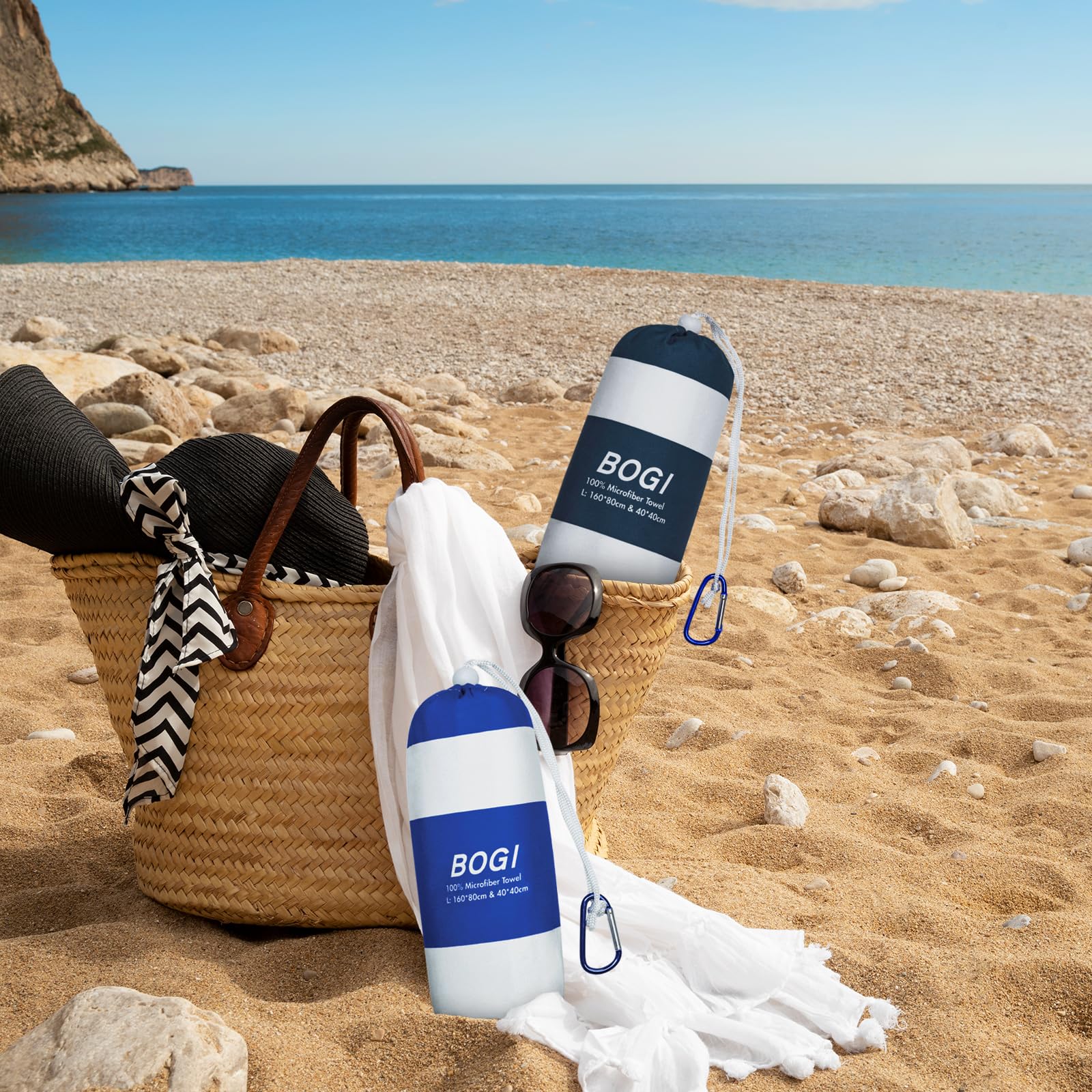 BOGI Quick Dry Microfiber Beach Towel Set - Lightweight, Absorbent & Sand Proof - Large & XL Oversized Travel Towels for Pool, Swim, Gym, Yoga - Perfect for Beach Vacations, Travel & Outdoor Activities