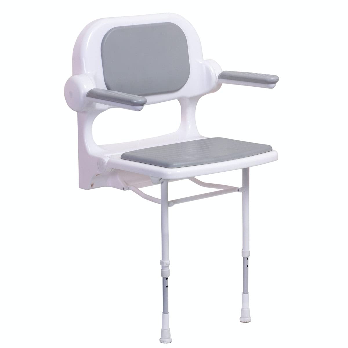 AKW Foldable Wall Mounted Shower Seat for Elderly & Disabled - Adjustable Height, Padded Seat with Armrests, Non-Slip Surface - Grey - Perfect for Bathroom Safety & Accessibility (Home Care, Assisted Living, Elderly Bathing)