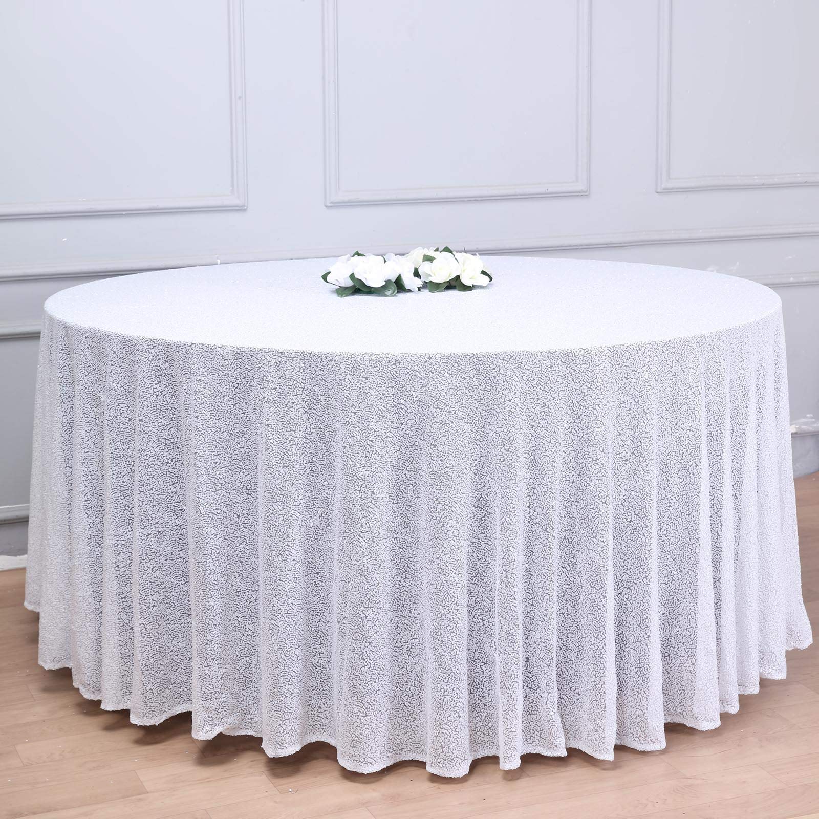 BalsaCircle 120-Inch White Sequin Round Tablecloth - Elegant Wedding Party Decor, Cake Table Cover, Dessert Display, Banquet & Special Event Table Linens - Perfect for Bridal Showers, Birthday Parties, and Holiday Celebrations