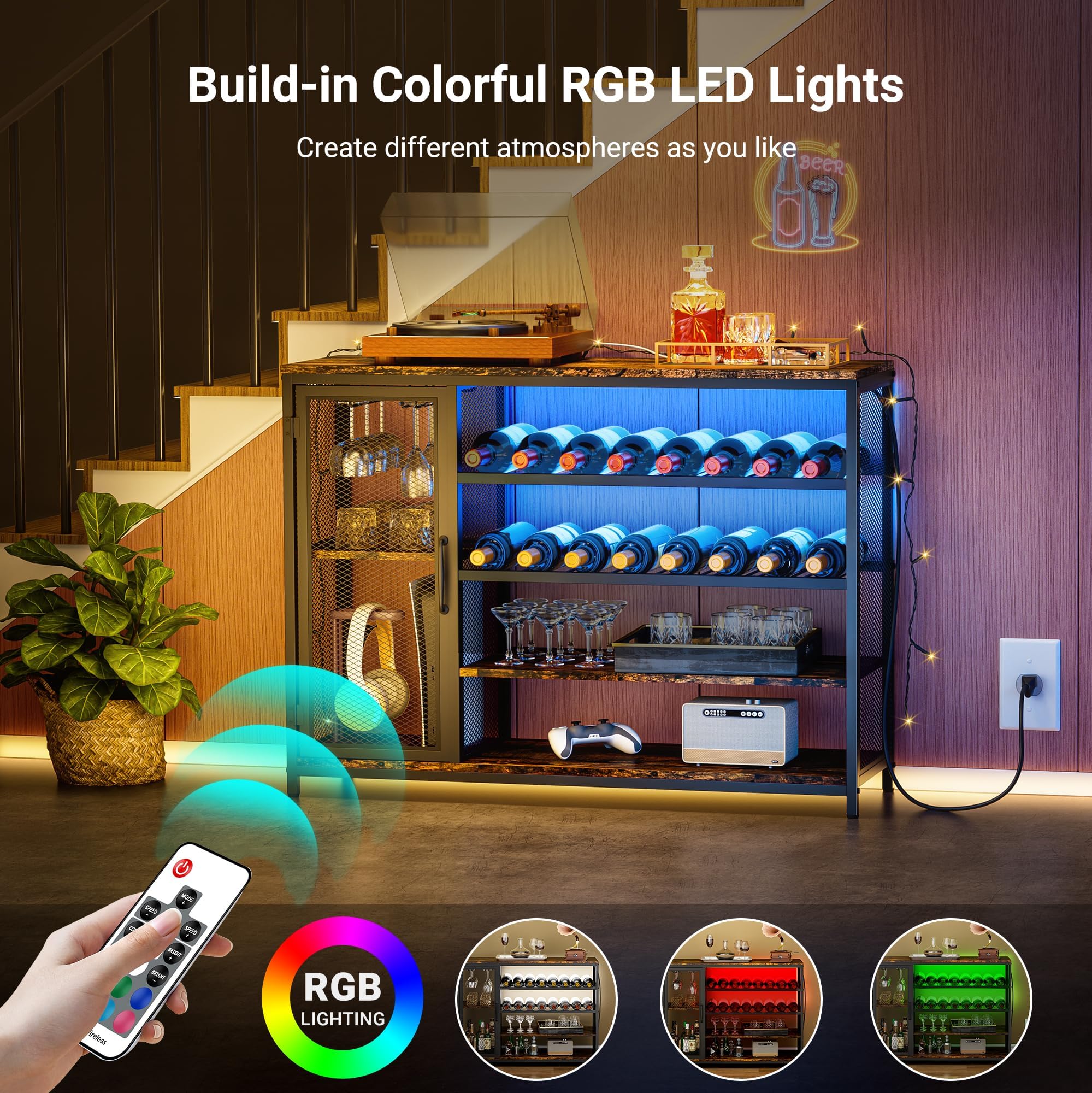 Dimmable LED Bar Cabinet with Charging Station - Rustic Brown Wine Liquor Cabinet with Shelving & Glass Holders for Living Room, Dining Room | Perfect for Home Entertaining, Parties & Relaxing Nightcaps
