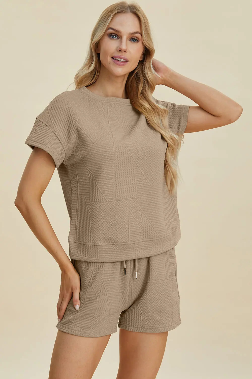 Double Take Full Size Textured Short Sleeve Top & Shorts Set - Women's Casual Summer Outfit for Beach, Yoga & Lounge Wear