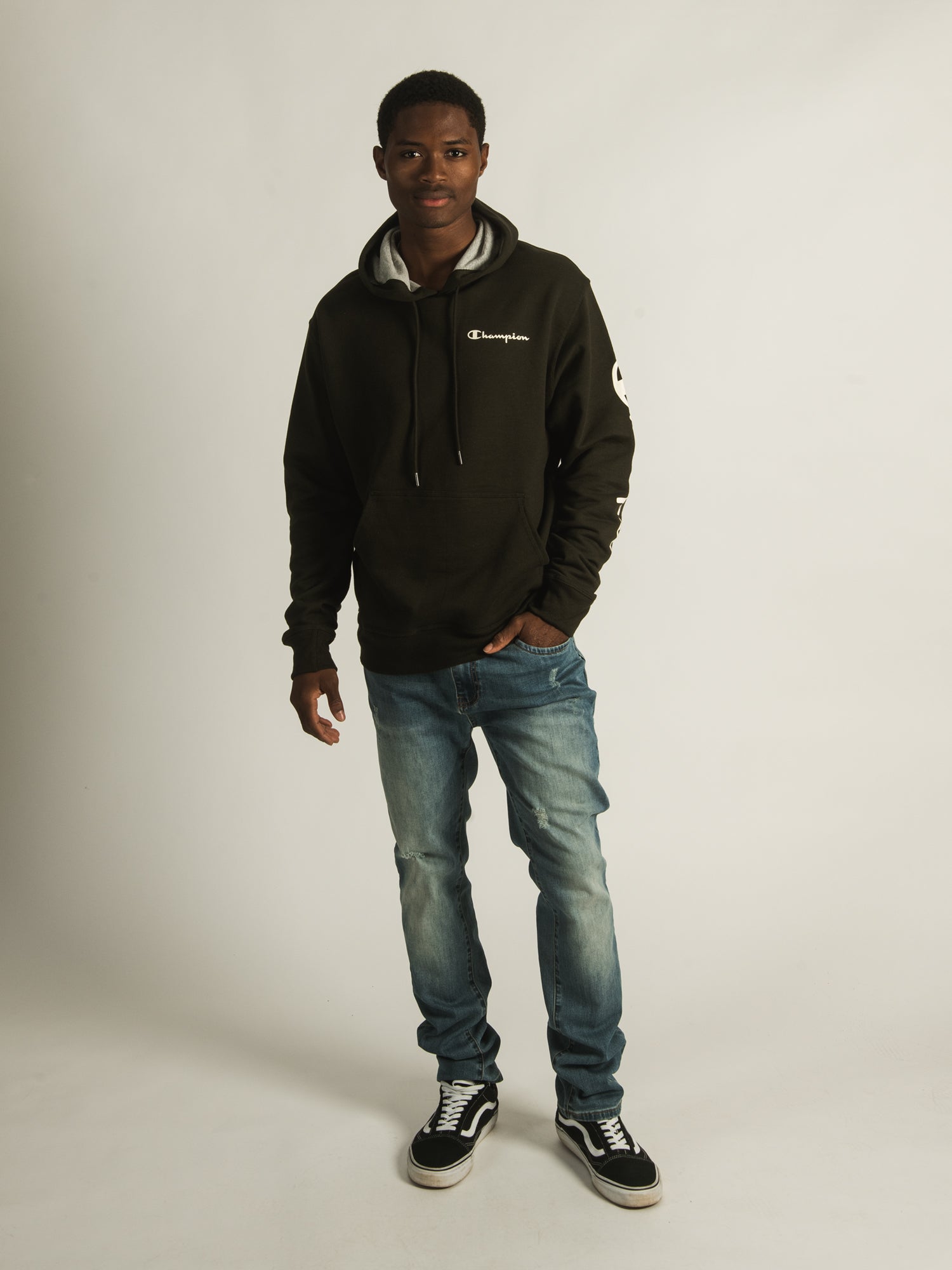 Champion Powerblend Sleeve & Script Hoodie - Men's & Women's Pullover Sweatshirt for Casual Wear, Gym, and Outdoor Activities | Clearance Sale