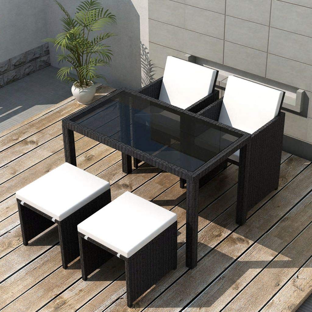 5PCS Outdoor Dining Set - Durable Patio Furniture with Large Rectangle Glass Table & Rattan Chairs, Steel Frame Conversation Set for Backyard, Garden, Poolside Dining and Entertaining