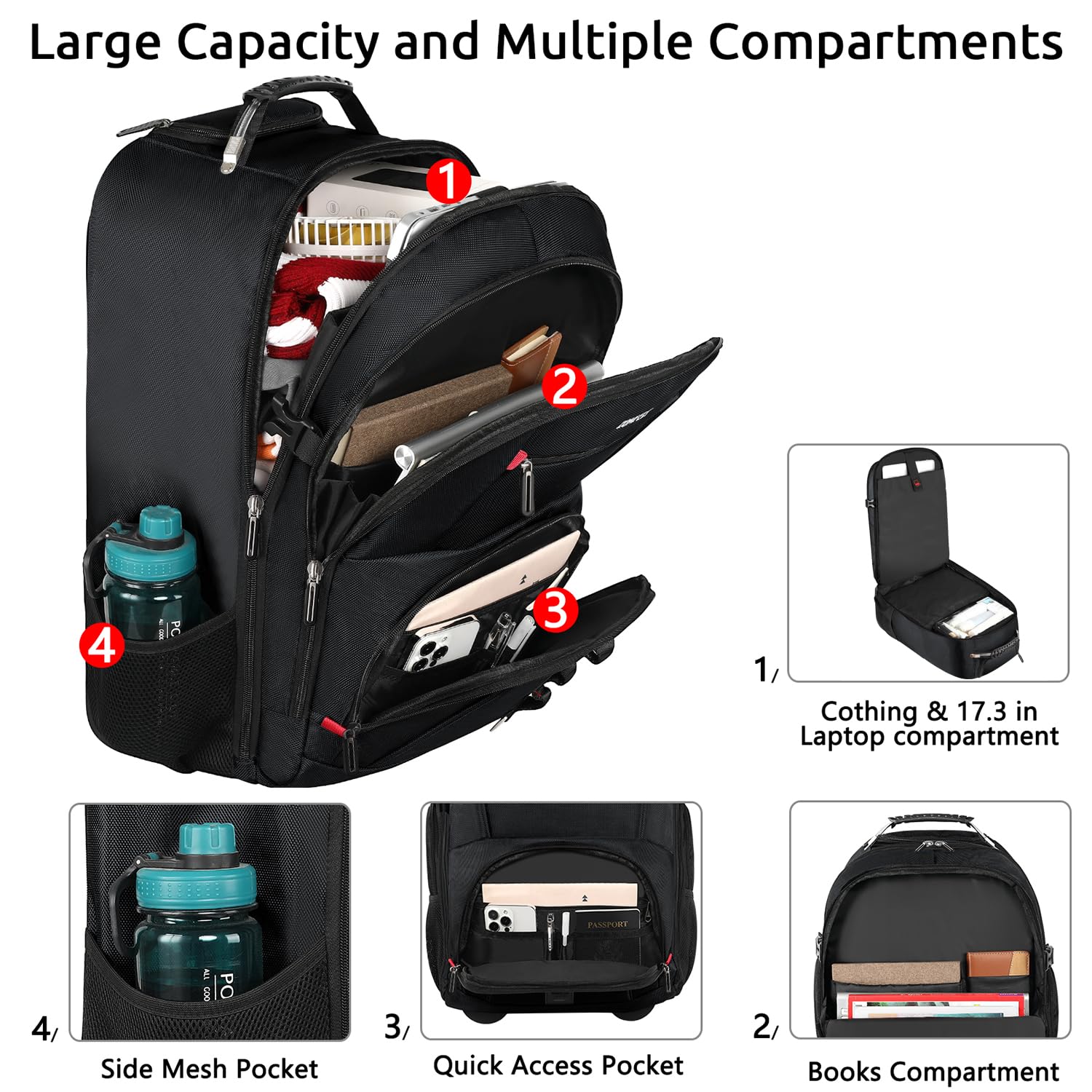 ZOMFELT Rolling Backpack - 18 Inch Wheeled Laptop Backpack with 3 Packing Cubes for Travel, Work & Business | Durable Carry-On Backpack for Men & Women | Perfect for Airplane, Commuting & Office Use (Black)
