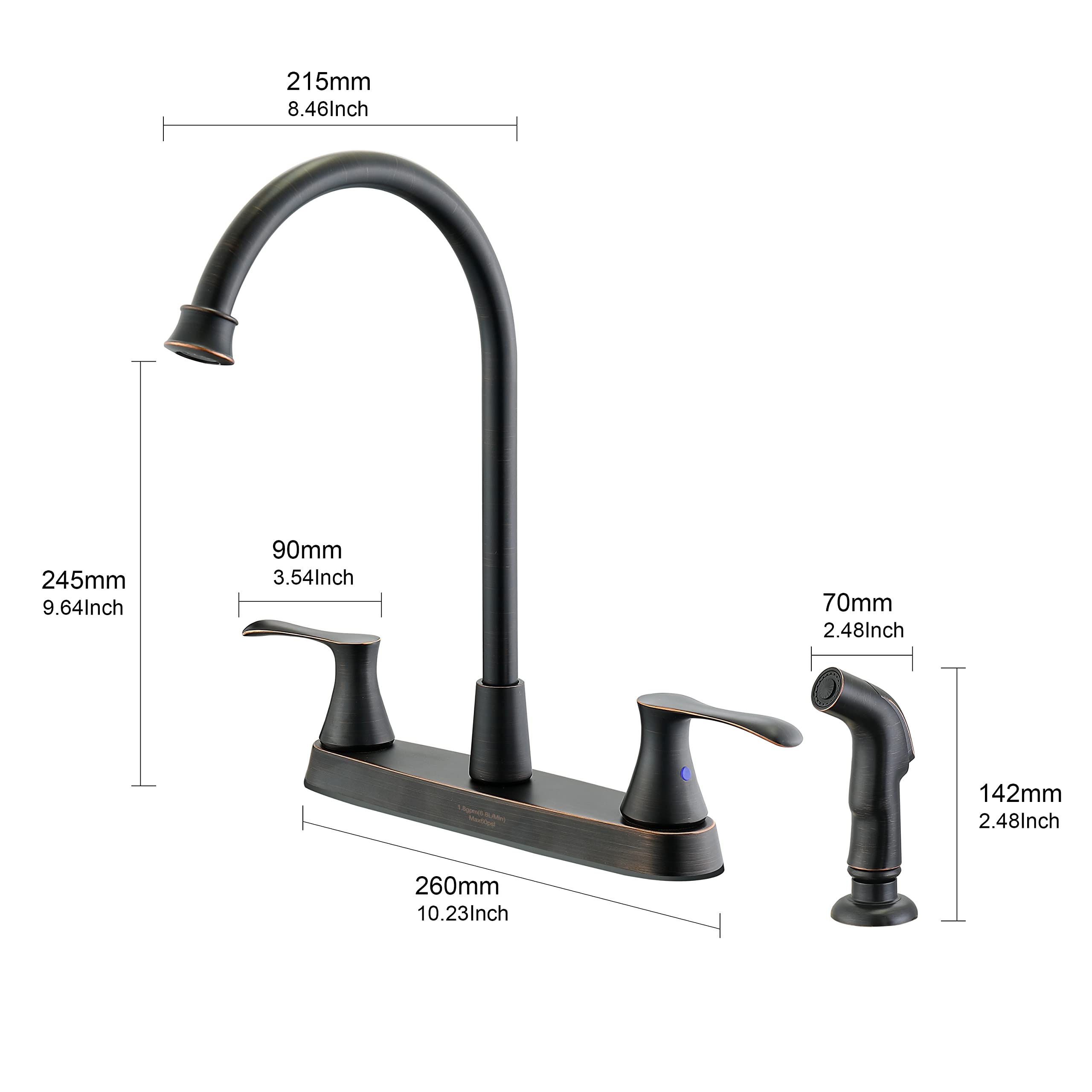Oil-Rubbed Bronze Kitchen Faucet with Side Sprayer - 2-Handle 4 Hole Sink Faucet in Classic Bronze Finish - Perfect for Modern Farmhouse & Traditional Kitchens