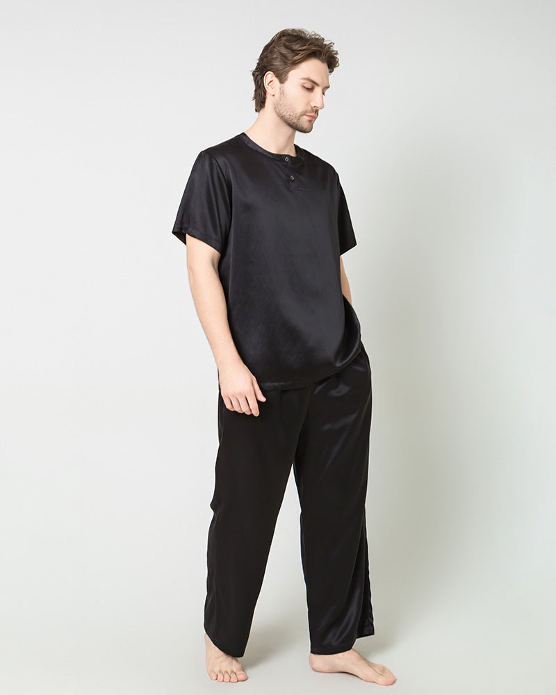 Premium Men's Silk Pajama Set - Short Sleeve Shirt & Lounge Pants - Soft Breathable Sleepwear for Comfortable Nights & Relaxing at Home