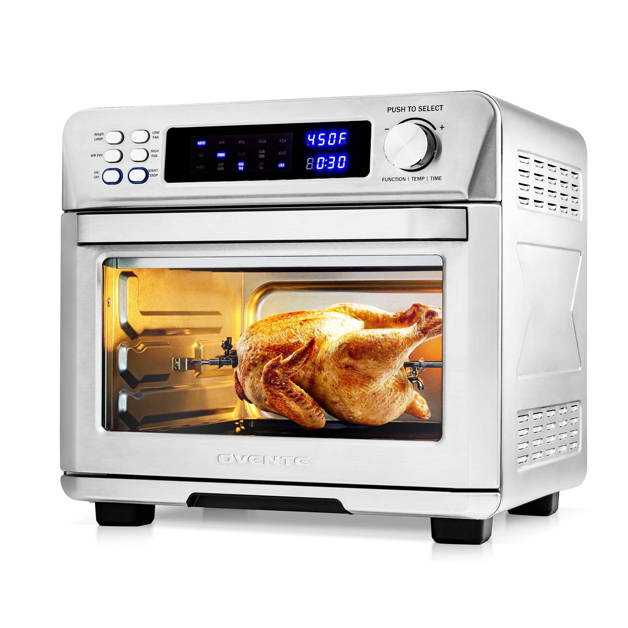 OVENTE 26 Qt Air Fryer Toaster Oven Combo - 1700W Stainless Steel Countertop Convection Oven with Digital Display | Perfect for Baking, Roasting, Toasting & Air Frying | Includes Pizza Pan & Accessories | Ideal for Kitchens, Small Apartments & RV Cooking (Silver, Model OFD4025BR)