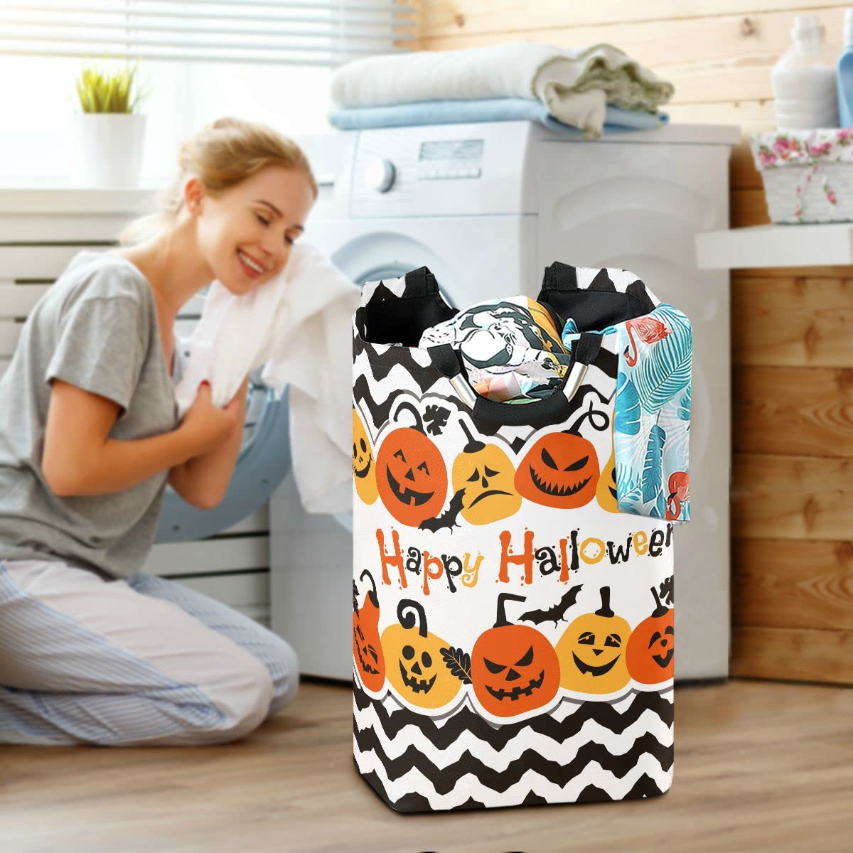 DOMIKING Halloween Pumpkin Cheerful Collapsible Laundry Basket - Kids Room Storage Organizer, Toy Hamper & Dorm Cloth Bag for Dirty Laundry | Perfect for Halloween Decor, Kids Bedroom & College Dorm Organization
