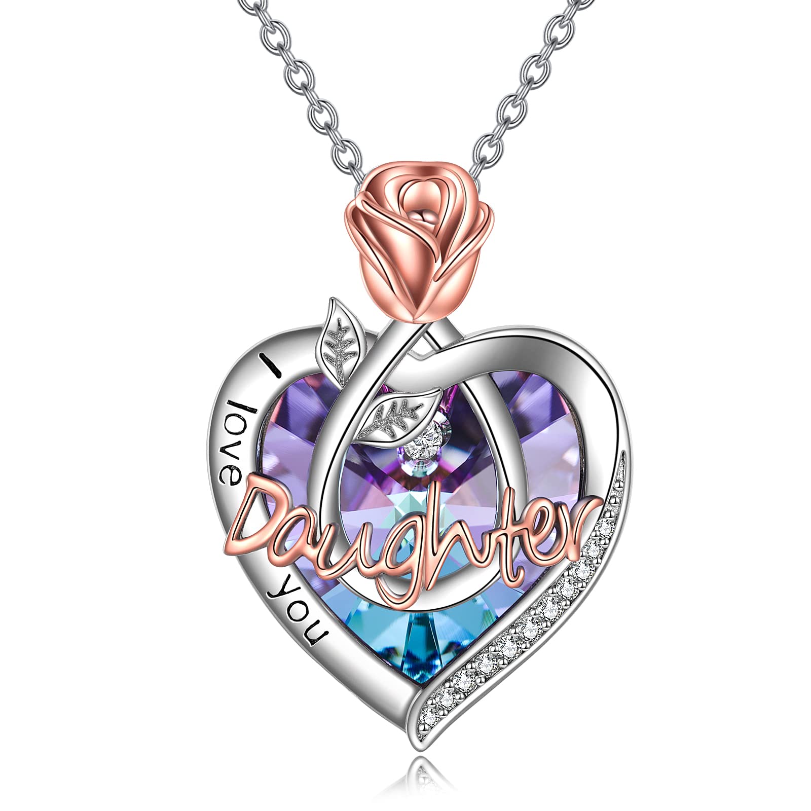 POPKIMI Sterling Silver Rose Flower Heart Jewelry - 925 Silver Crystal Pendant Necklace for Women, Mom, Grandma, Wife, Daughter - Perfect Birthday, Anniversary, Mother's Day Gift for Her - Elegant Jewelry for Weddings, Parties & Special Occasions