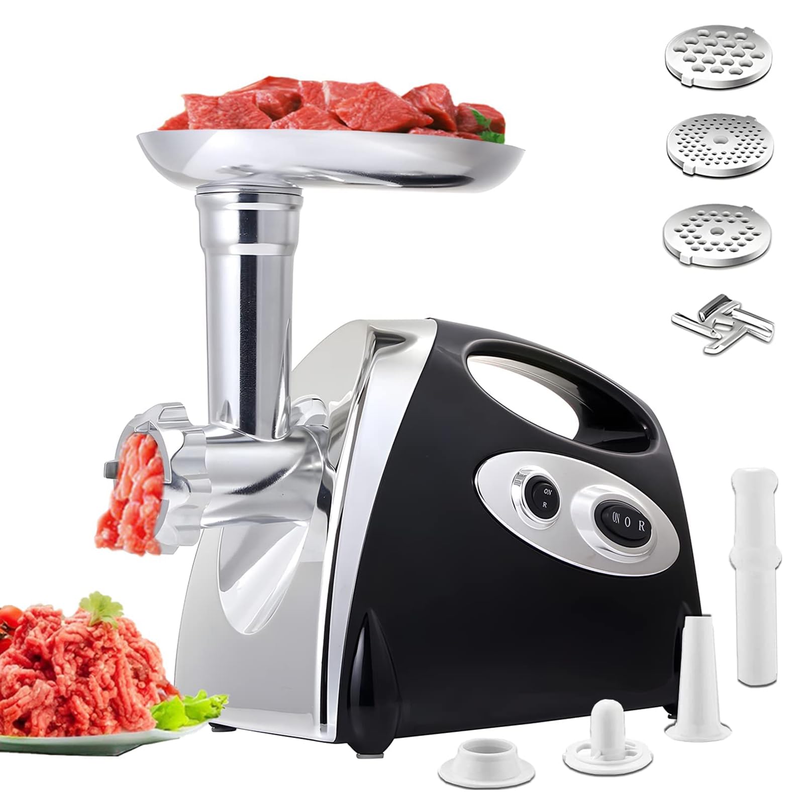 2800W Heavy Duty Electric Meat Grinder - Stainless Steel Sausage Maker & Mincer Machine with 3 Grinding Plates, Blade, Sausage Stuffer Tube & Kubbe Kit - Perfect for Home Kitchen, BBQ Parties & Butcher Shops (White Handle)