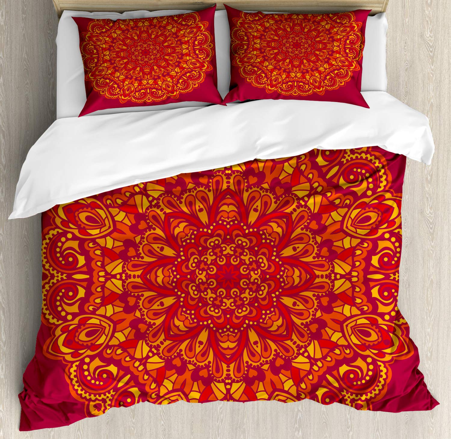 Ambesonne Mandala Duvet Cover Set - Vibrant Psychedelic Bohemian Bedding with 2 Duvet Covers & 4 Pillowcases, 2-Pack California King Size in Vermilion Fuchsia - Perfect for Boho Chic Bedrooms, Guest Rooms, and Meditation Spaces
