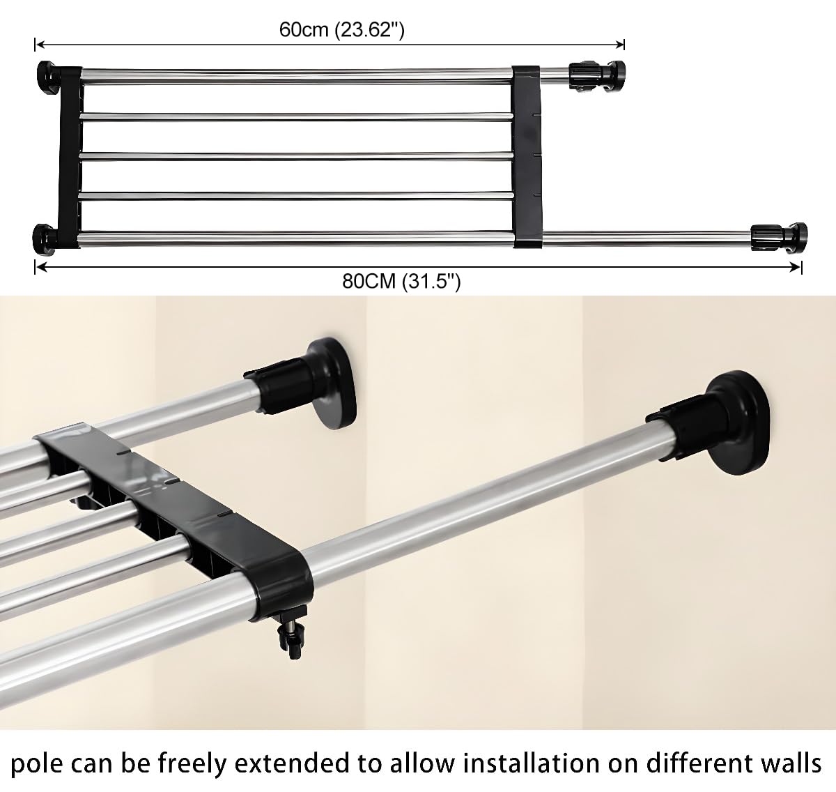 Hershii Expandable Closet Organizer - Adjustable Tension Shelf Rod, Metal Storage Rack for Wardrobe, Kitchen & Bathroom (Black, 23.62-31.5 Inches) - Perfect for Small Spaces & DIY Home Organization