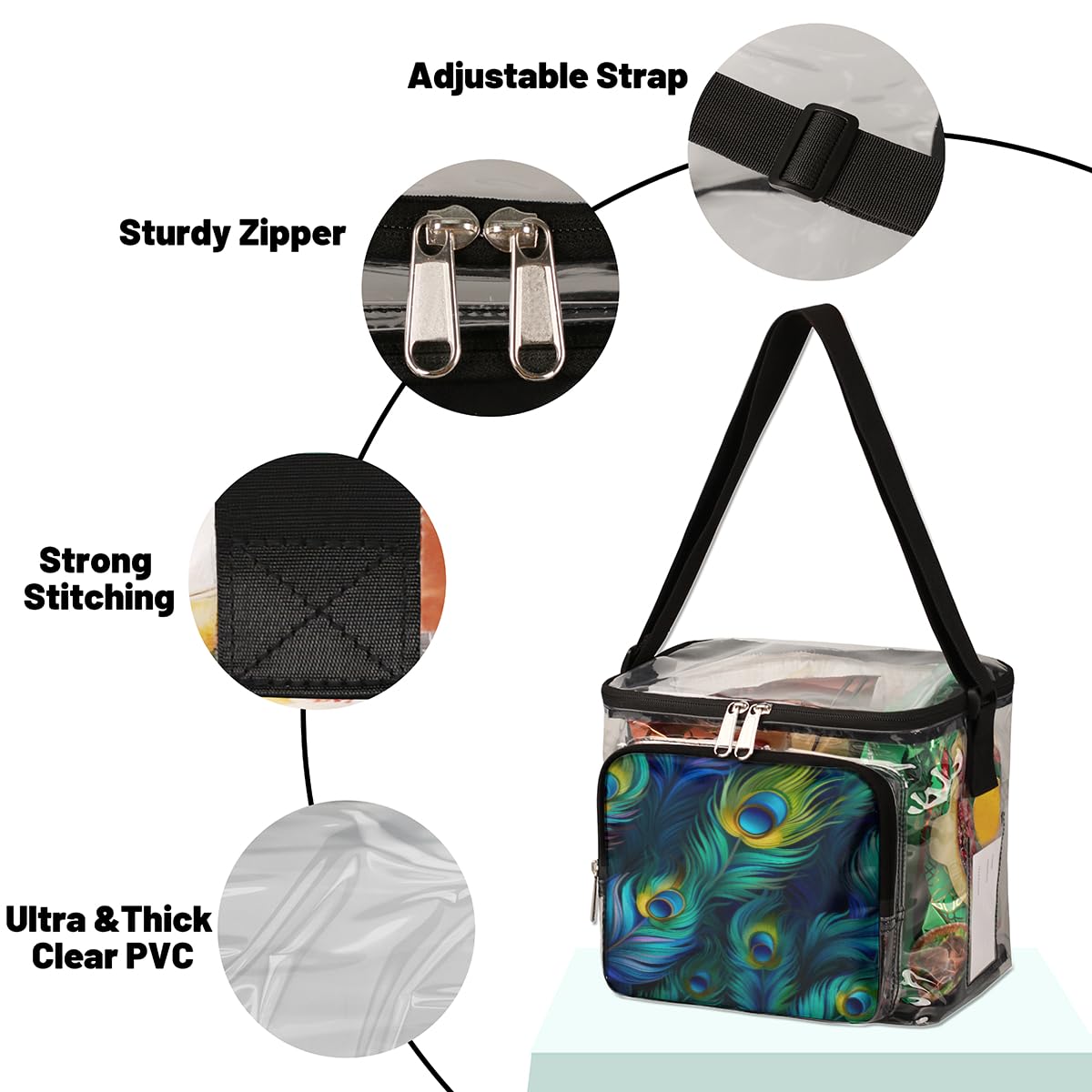 GzLeyigou Peacock Feather Clear Tote Bag with Handles - Transparent Crossbody Shoulder Bag for Lunch, Travel & Outdoor Activities | Perfect for Concerts, Picnics, Sports Events & Stadium Approved | Multi-Purpose Fashion Accessory for Women & Girls