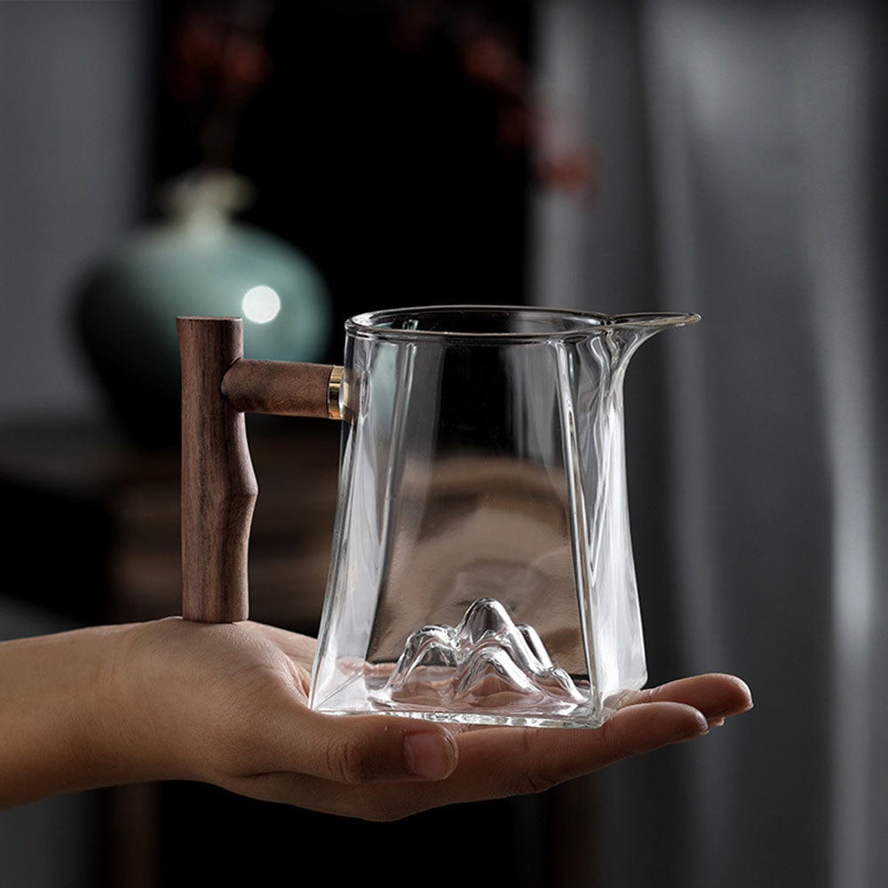 Premium Mountain Glass Fair Cup with Wooden Handle - Durable & Stylish Drinking Glass for Coffee, Tea, Cocktails - Perfect for Home, Office, Camping & Outdoor Use