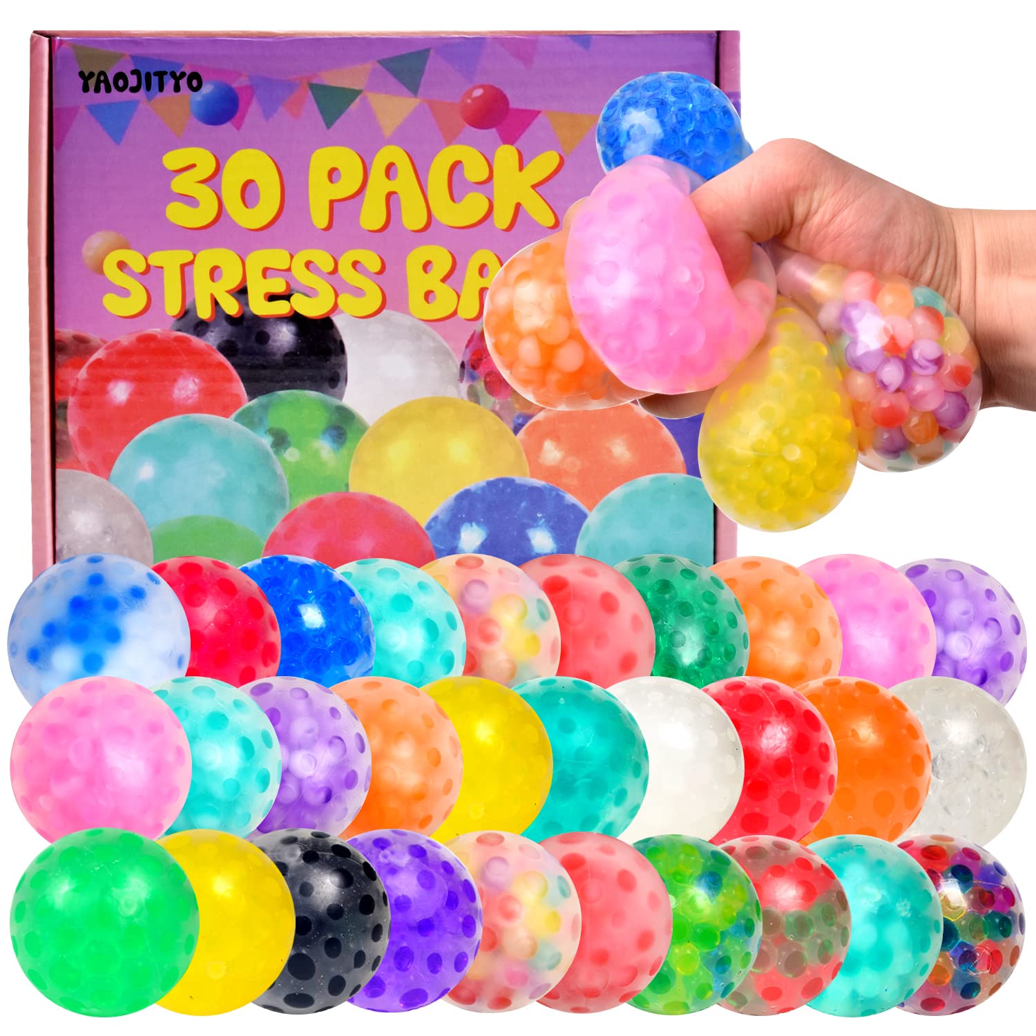 YAOJITOY Stress Balls 30-Pack - Anxiety Relief & Focus Improvement Squeeze Balls for Adults, Squishy Sensory Toys for Office, Classroom, Party Favors & Birthday Gifts (14+) - Perfect for Stress Relief, ADHD & Meditation