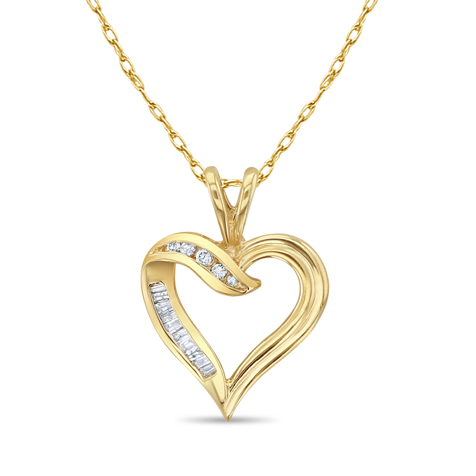 14K Yellow Gold Baguette & Round Heart Shaped Diamond Necklace - Elegant Valentine's Gift for Her, Anniversary Jewelry, Wedding Proposal Present