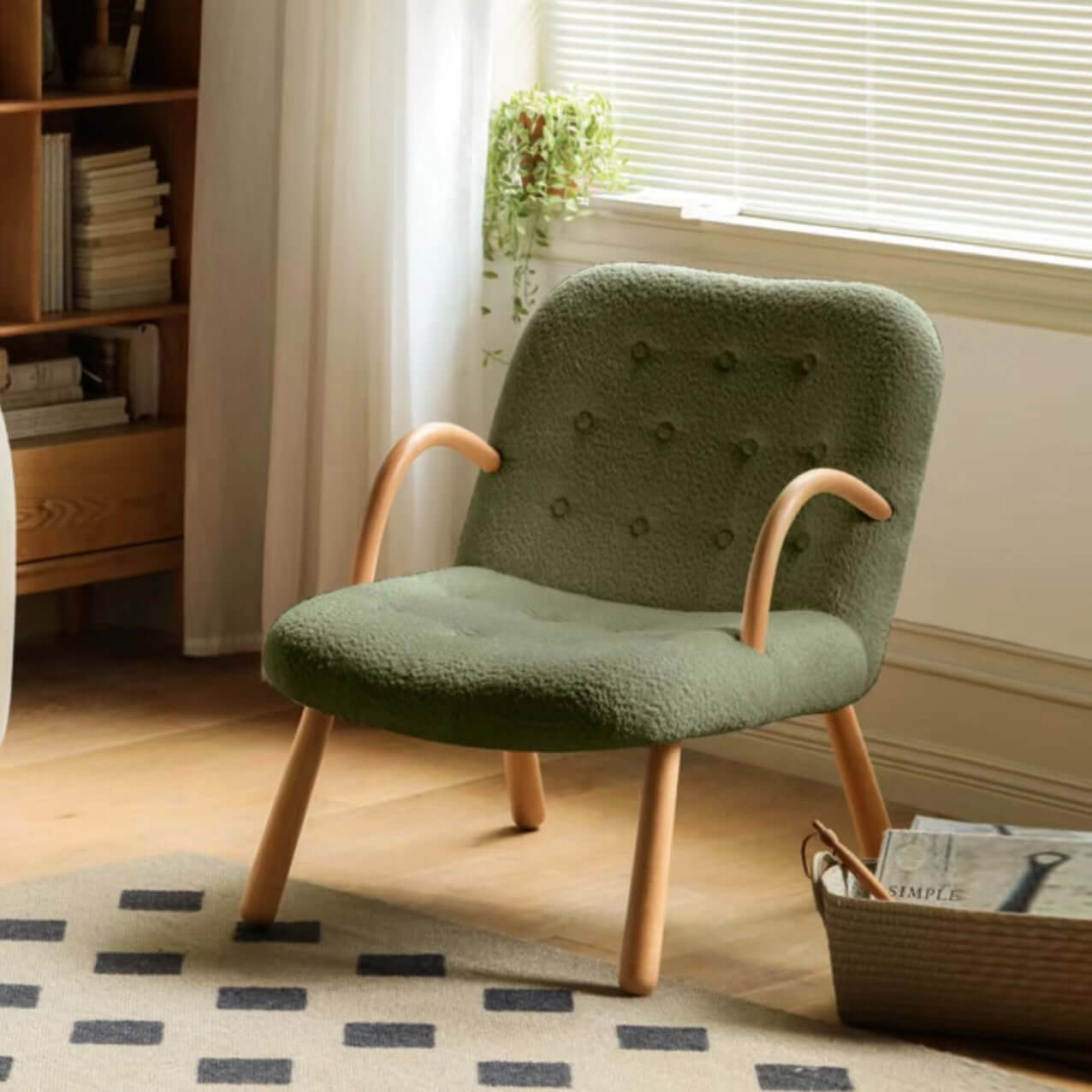 White & Green Boucle Sherpa Lounge Chair with Solid Wood Frame - Cozy Armchair for Living Room, Bedroom, or Office Reading Nook