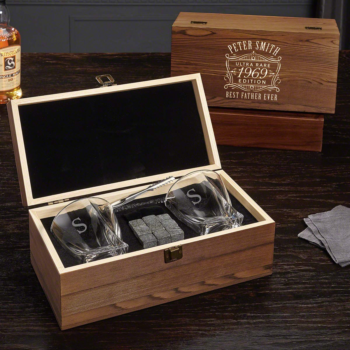 Personalized Whiskey Gift Set - Engraved Wooden Box & 2 Twist Glasses - Perfect for Anniversary, Birthday, Father's Day & Special Occasions