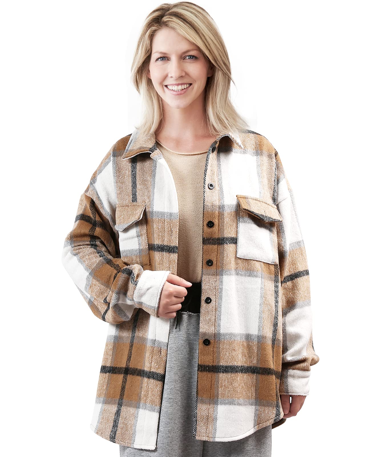 VeMee Women's Casual Wool Blend Plaid Brushed Pocketed Down Lapel Shirt Jacket - Loose Fit Button Coat for Winter, Spring & Fall - Perfect for Office, Travel and Outdoor Activities