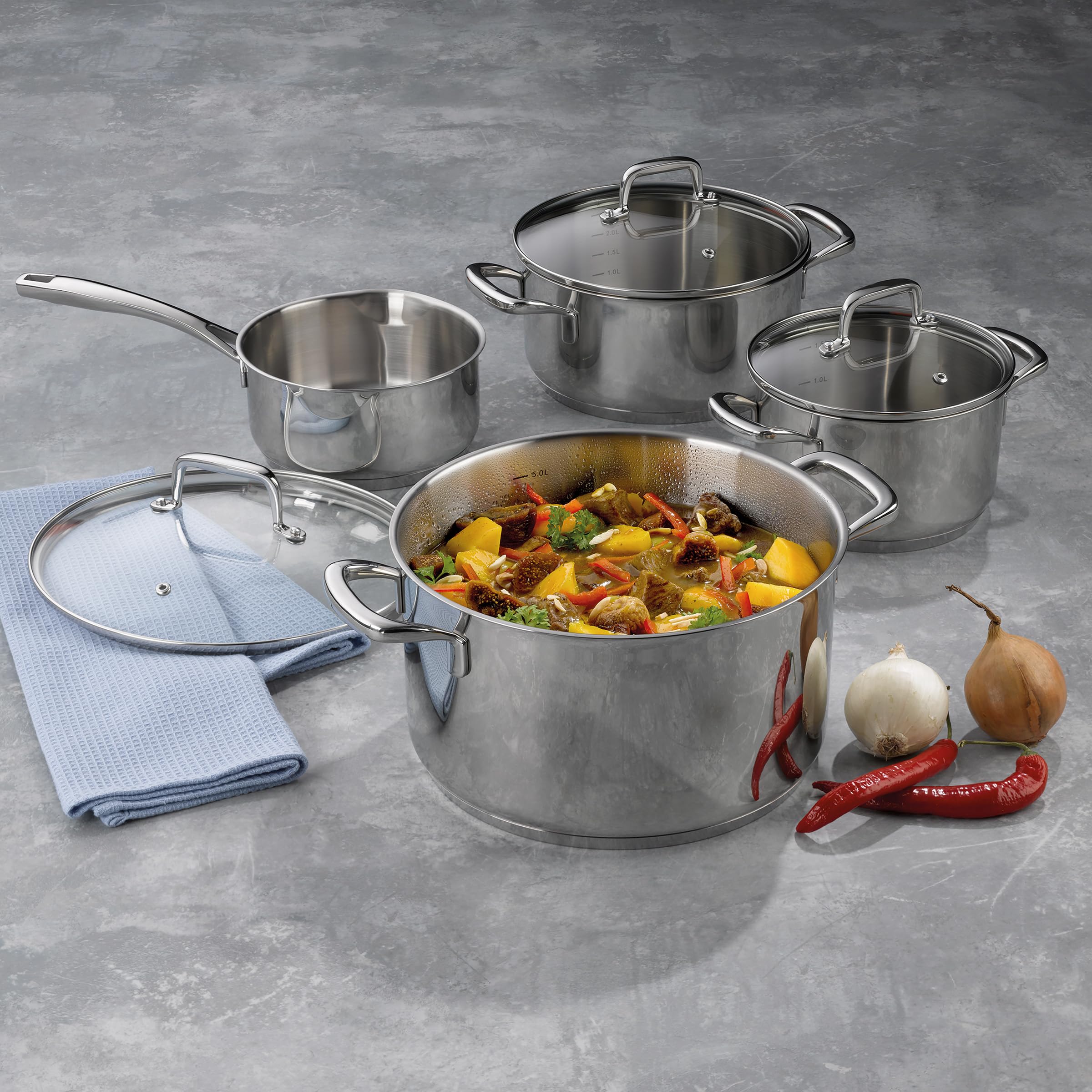 Premium 7-Piece Stainless Steel Cookware Set - Optimal Heat Distribution, Durable Flavoria Collection for Professional & Home Cooking - Perfect for Gas, Electric & Induction Stoves