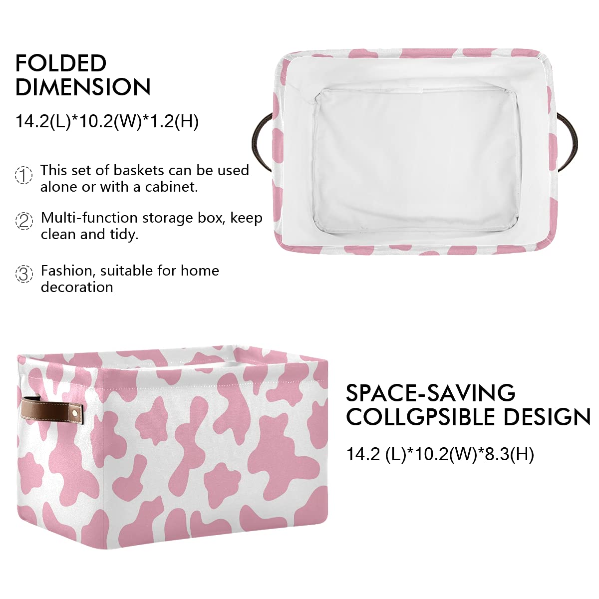 OREZI Collapsible Rectangular Storage Bins with Handles - Pink Cow Print Camouflage Laundry Hamper for Toys, Clothes & Gift Baskets | Foldable Storage Box for Bedroom, Kids Room & Dorm Organization