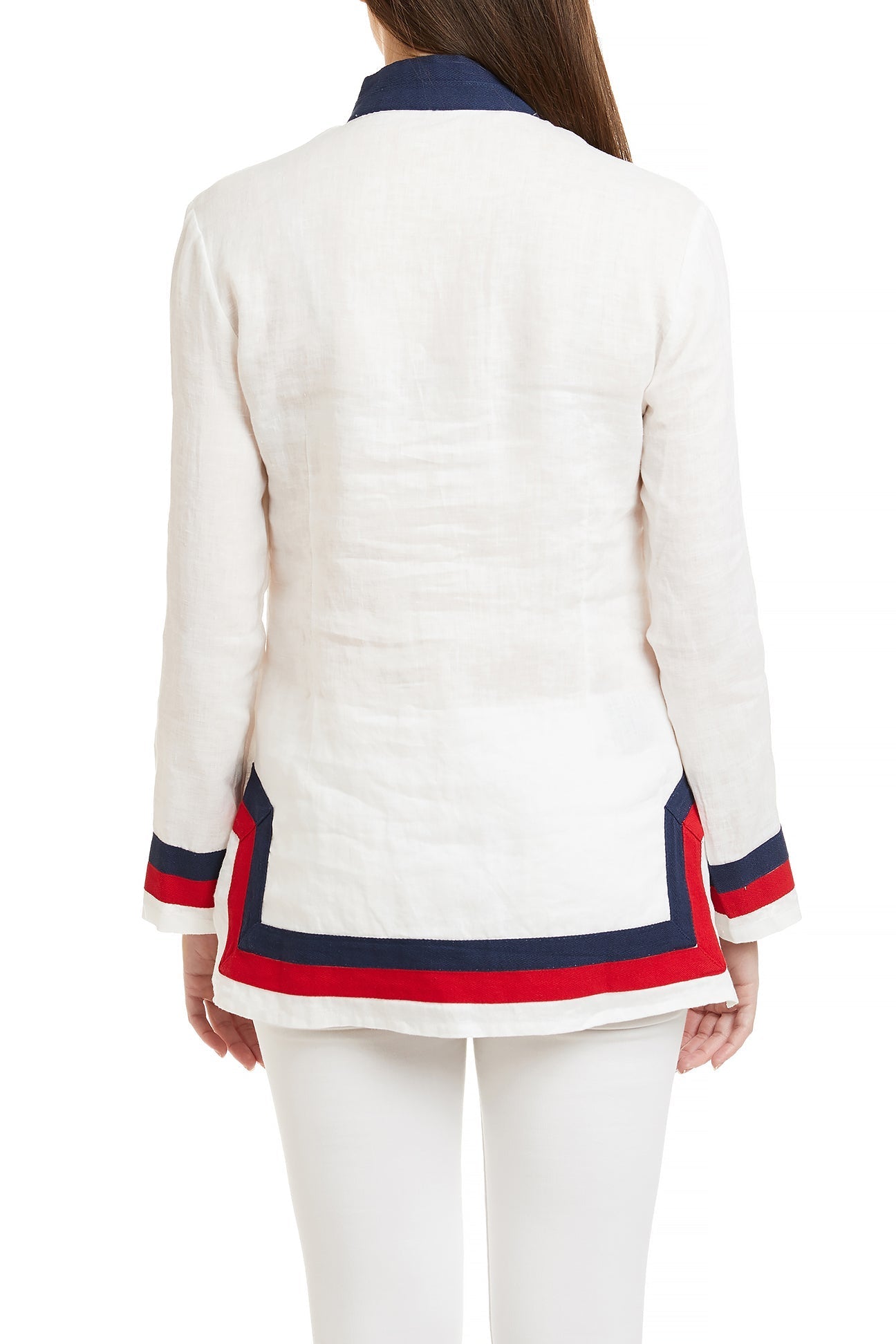 Women's White Linen Tunic Top with Red & Navy Trim - Casual Summer Blouse for Beach, Office & Everyday Wear