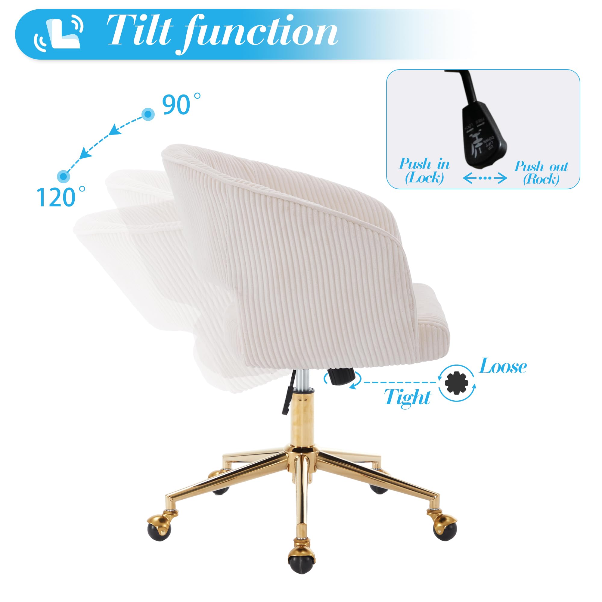 Ergonomic Swivel Office Chair with Corduroy Upholstery & Gold Base - Modern Tufted Desk Chair for Women, Girls, Home & Study - Comfortable Computer Task Stool for Living Room, Bedroom & Home Office (Beige)