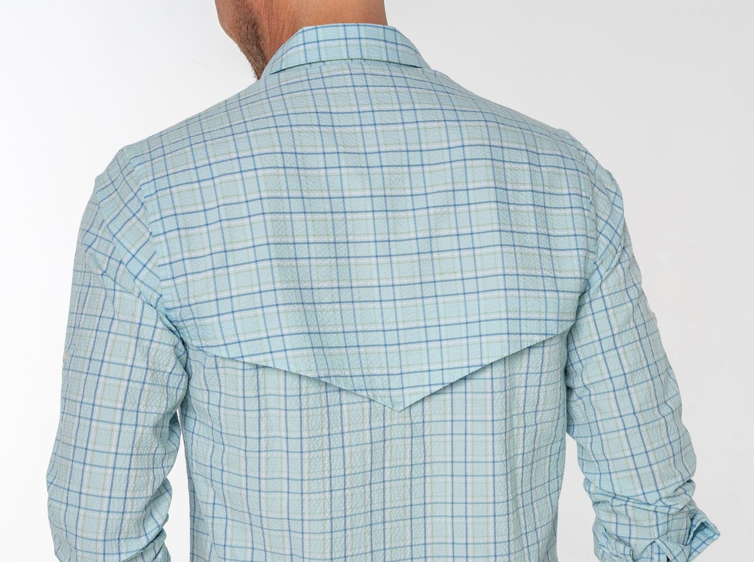 Performance Seersucker Fishing Shirt - Breathable & UV Protection - Light Blue Windowpane Design - Ideal for Outdoor Fishing, Boating & Summer Adventures