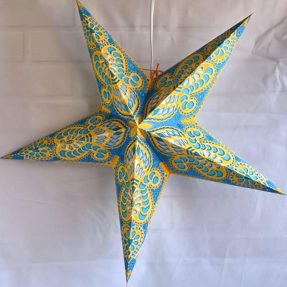 24 Pack Turquoise & Yellow Peacock Glitter Paper Star Lanterns - Hanging Party Decorations for Christmas, Birthday, Wedding & Home Decor