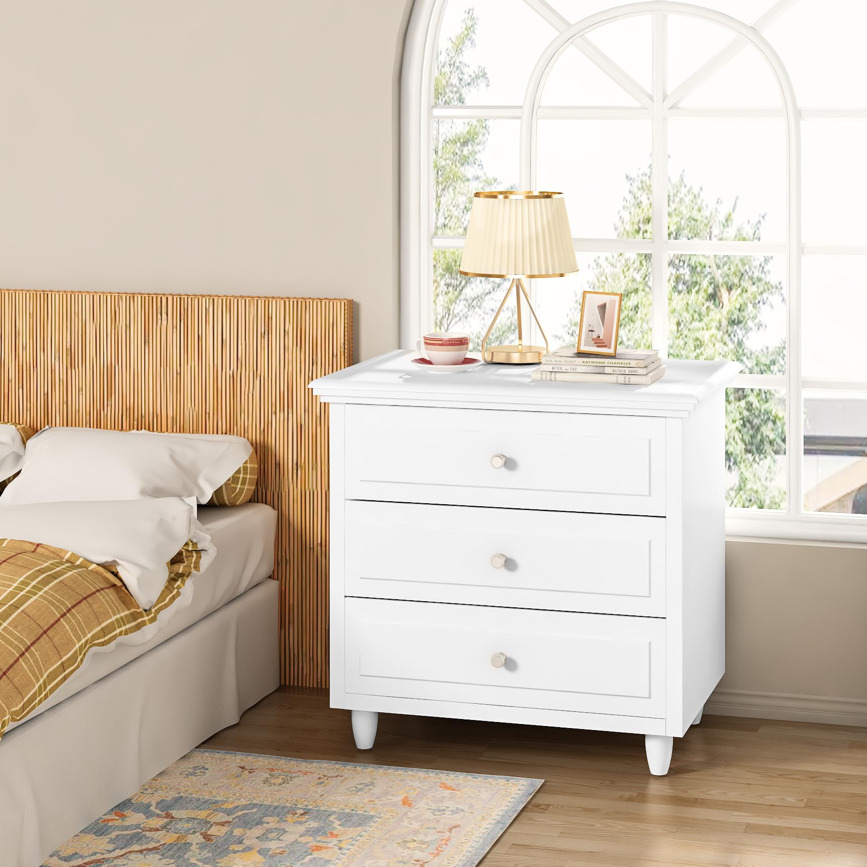 Modern White 3-Drawer Nightstand with Wood Legs - 15.75