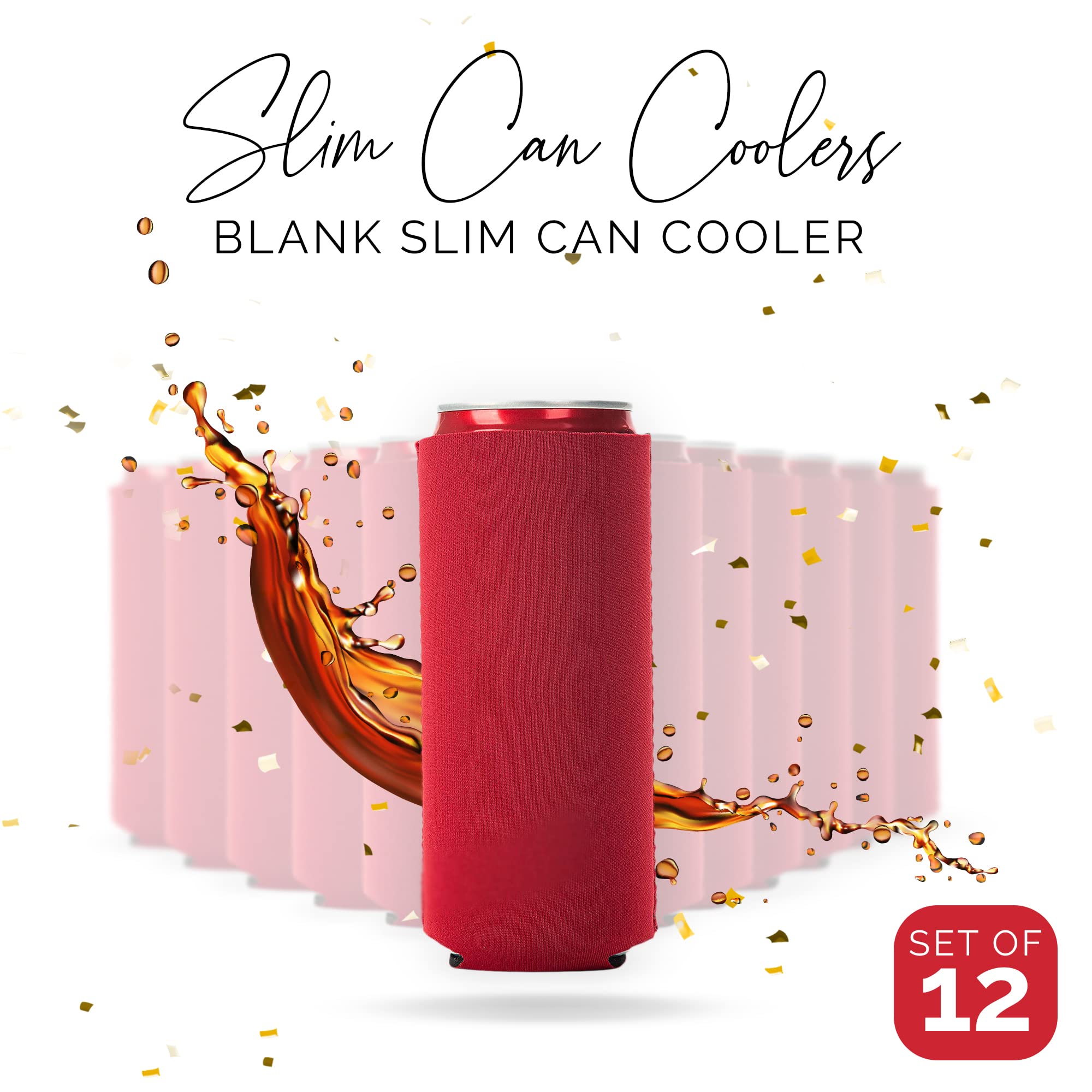 12 Pack Slim Neoprene Can Cooler Sleeves - Foldable 12oz Beer & Soda Insulators - Blank Sublimation-Ready Skinny Beverage Coolers (Red) - Perfect for Parties, BBQs, and Outdoor Events