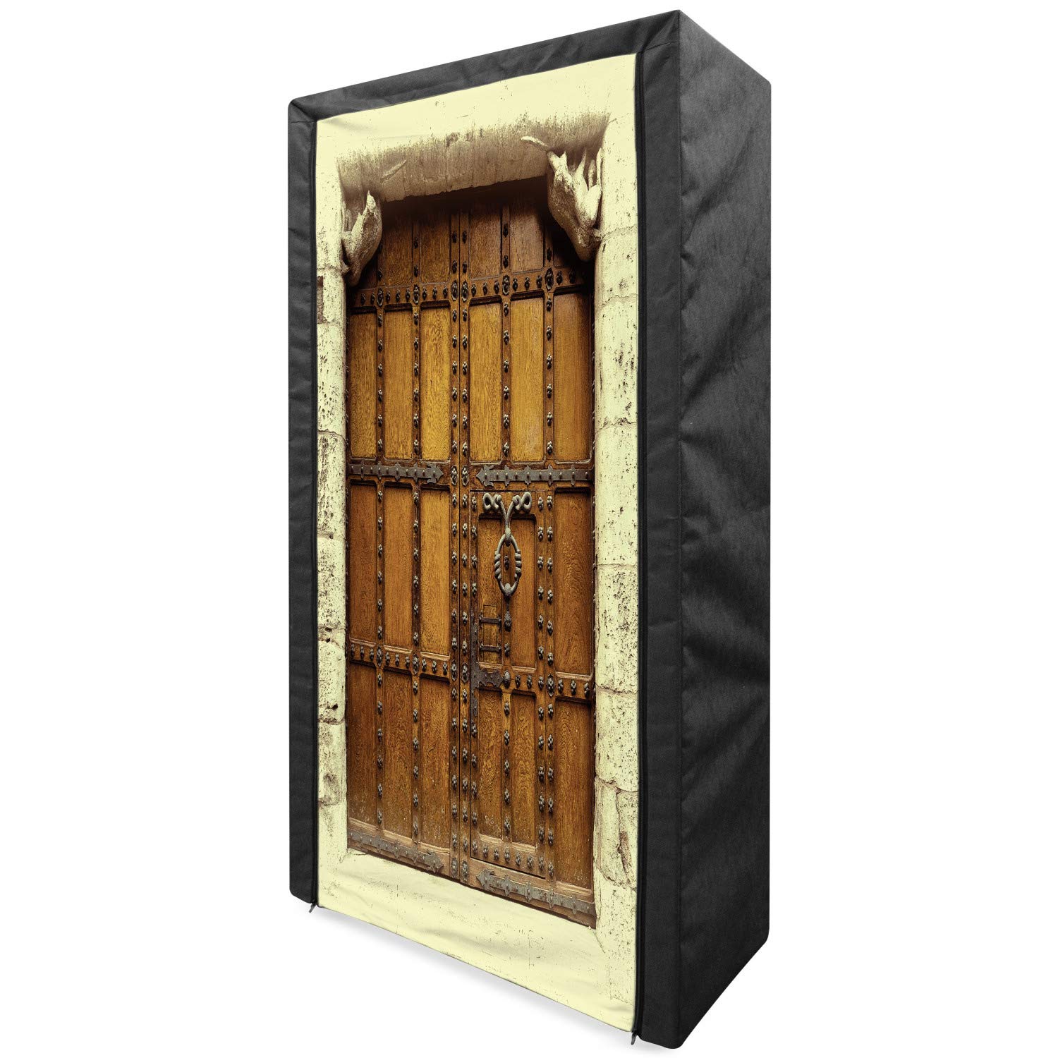Ambesonne Retro Portable Fabric Wardrobe - Vintage Rustic Door Design with Shelves, 33.5 Inch Cream Pale Brown Clothing Organizer | Perfect for Bedroom, Closet & Small Space Storage Solutions