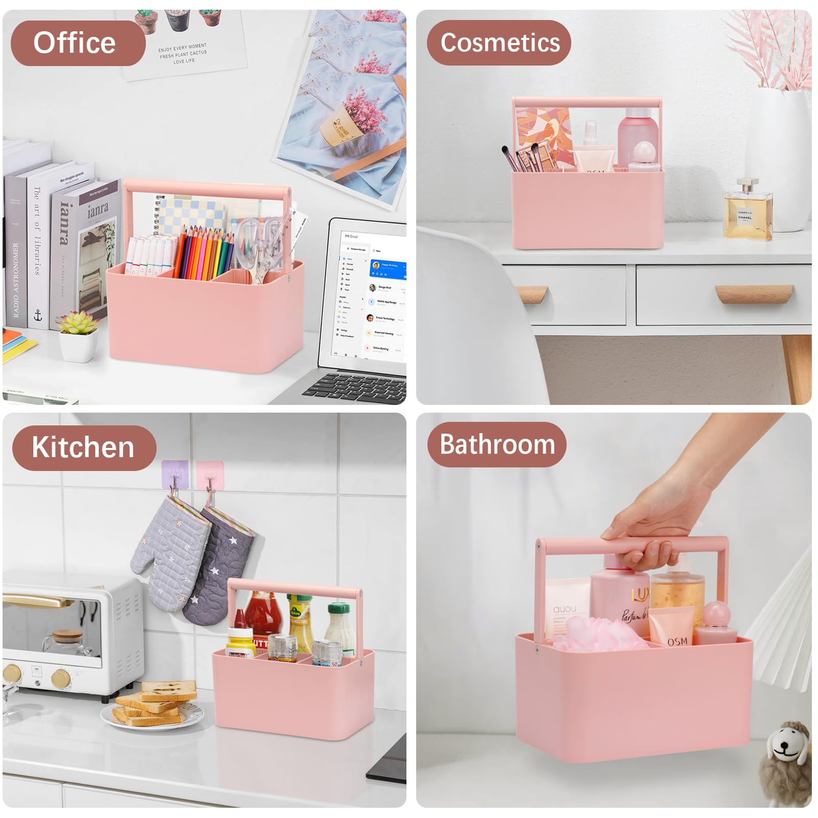 Multipurpose Caddy Organizer with Handle & Adjustable Divider - Portable Storage for Art Supplies, Crafts, Office, Bathroom & Makeup | Ideal for Dorm, Classroom, Cleaning & Shower Organization (Pink)