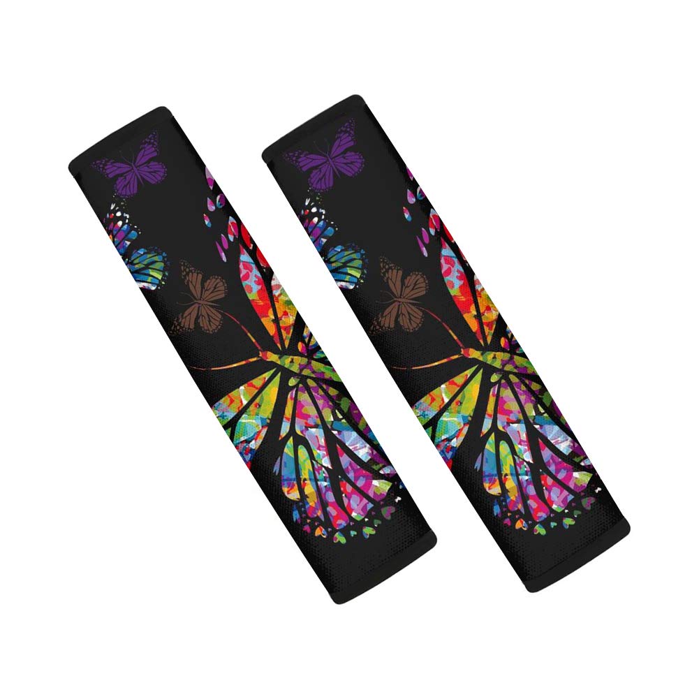 Colorful Butterfly Printed Universal Car Seat Belt Cushion Pads - 2 Pack Black Shoulder Strap Covers for Comfort & Safety - Perfect for Long Drives, Road Trips & Daily Commutes