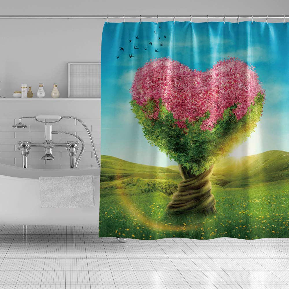 Fairy Tale Heart-Shaped Tree Wildflowers Shower Curtain - Romantic Waterproof Polyester Bathroom Decor with Hooks (59x59 Inches) - Perfect for Couples' Bathrooms, Valentine's Day Gifts & Boho Chic Home Decor