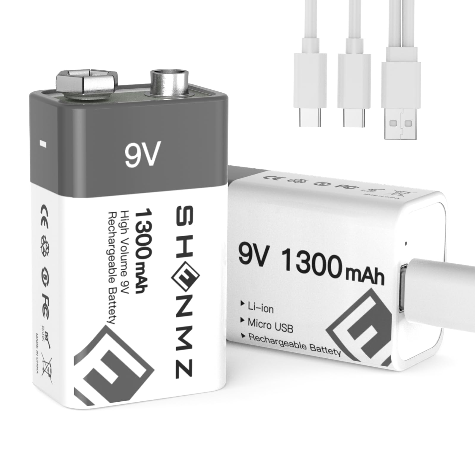 9V Rechargeable Lithium-ion Batteries 2-Pack - 1300mAh High Capacity, USB-C Fast Charging for Smoke Detectors, Alarms, Microphones & Electronics | Long Lasting Power for Home & Office Safety Devices