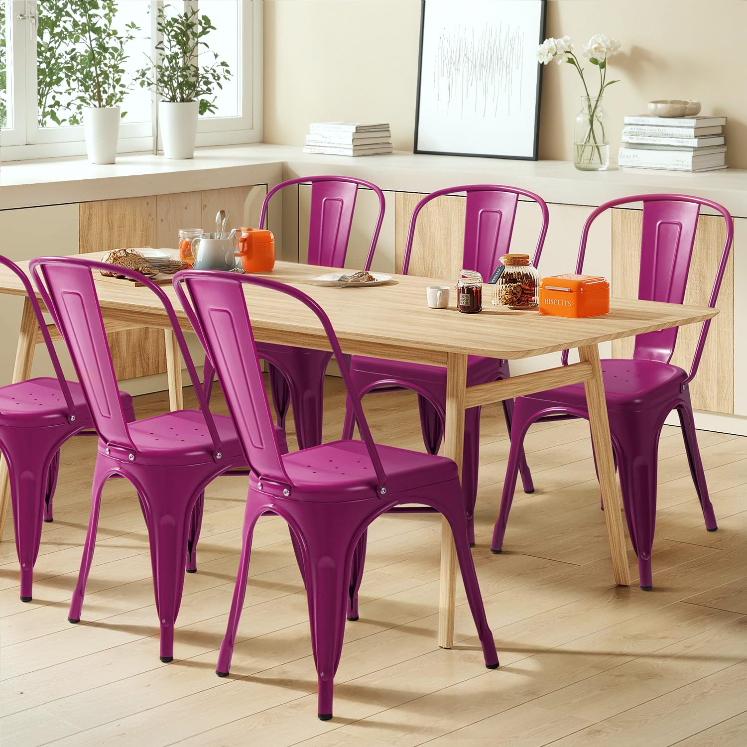 Furmax Metal Dining Chair Set of 4 - Stackable Indoor/Outdoor Bistro Chairs, Classic Trattoria Style for Cafe, Restaurant & Home - Purple | Perfect for Patio, Garden, Kitchen & Dining Room