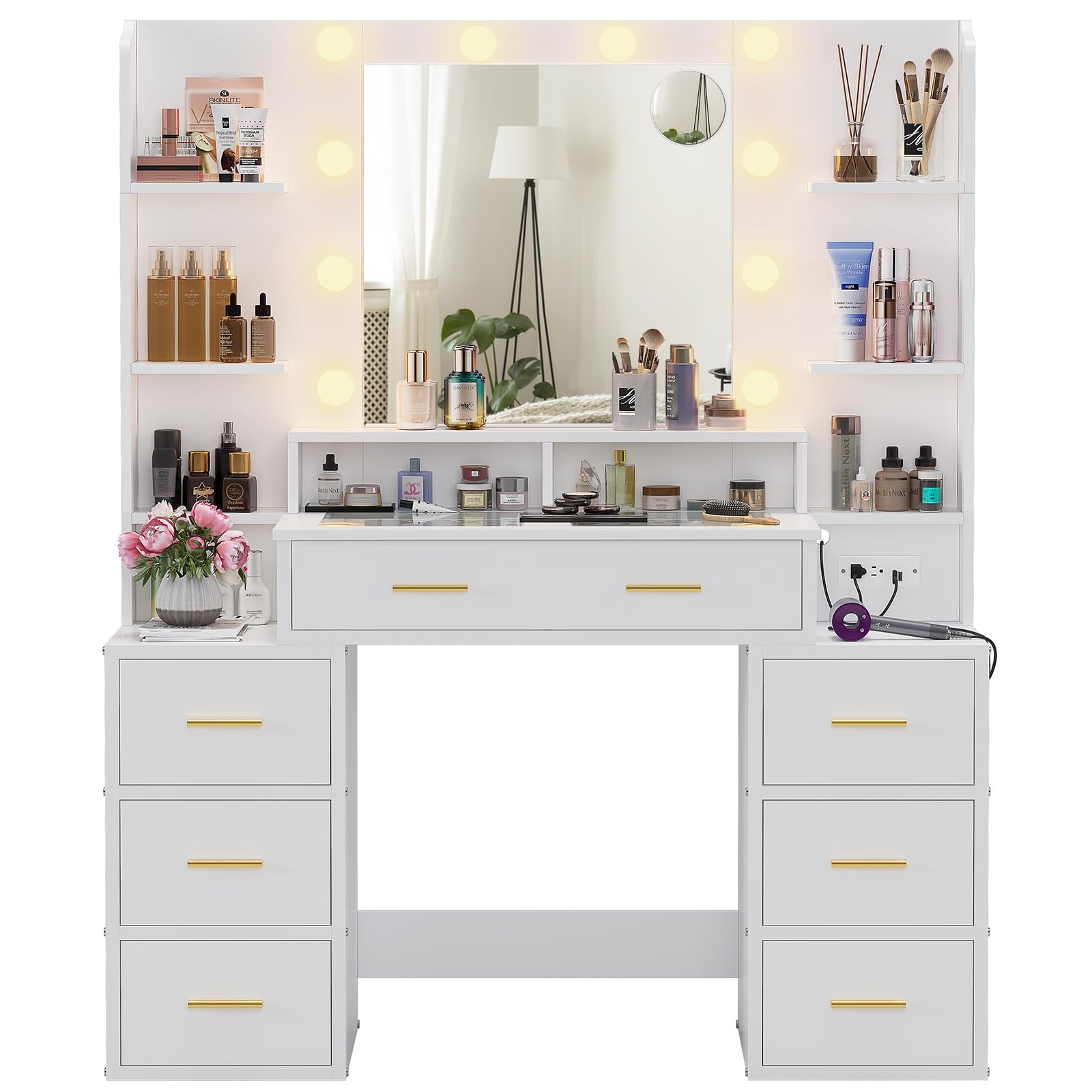 White Glass Top Vanity Desk with LED Lights & Charging Station - 10x Magnifying Mirror, 8 Drawers, Acrylic Organizers - Perfect Makeup Vanity for Bedroom, Dressing Room & Beauty Salon