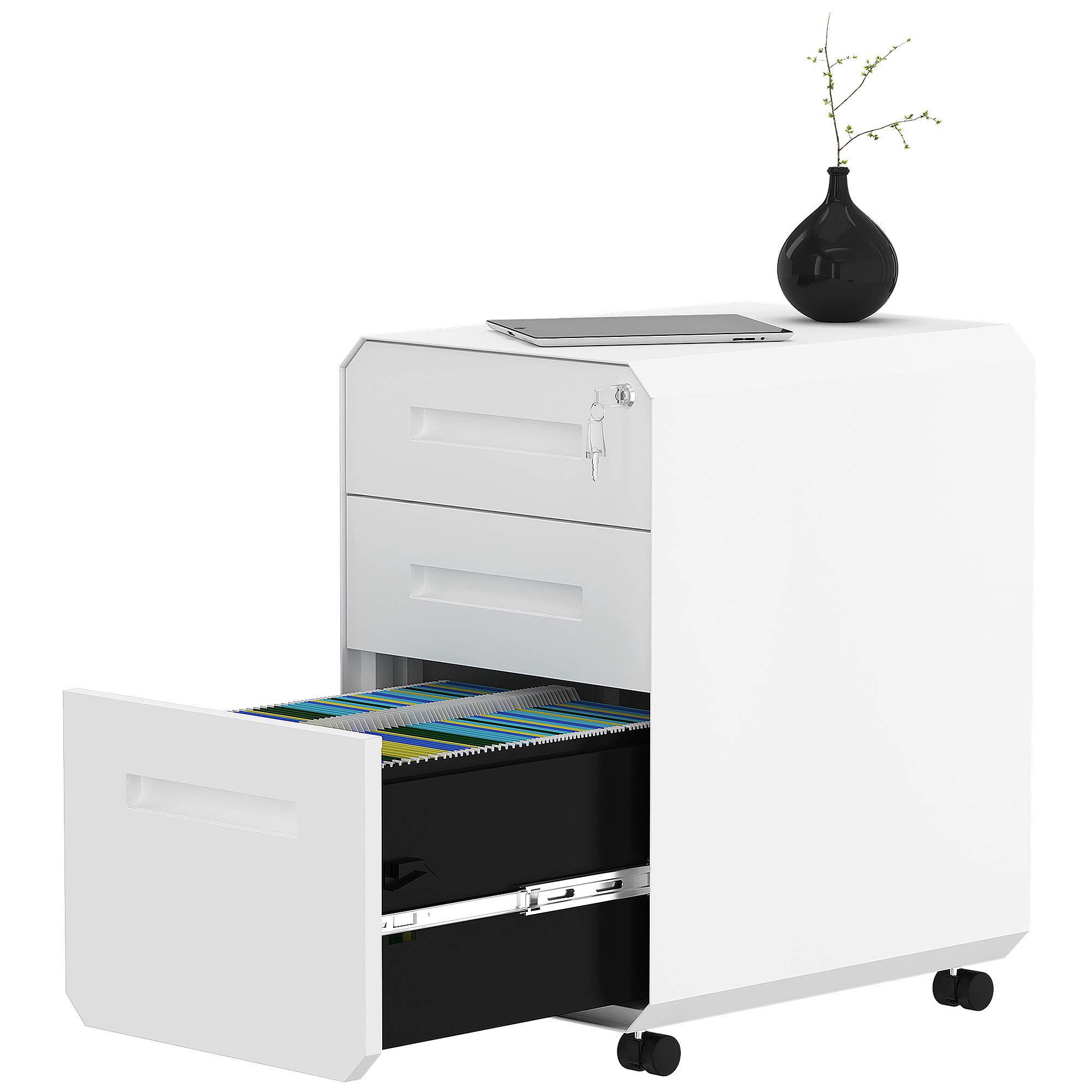 YITAHOME 3-Drawer Locking File Cabinet with Divider & Pencil Tray - Portable Metal Office Storage Cabinet for Documents, Files & Supplies - Perfect for Home Office, Workplace & School Organization (White)