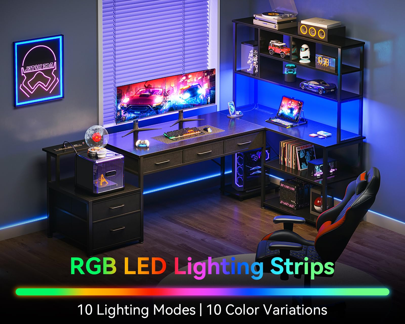 AODK 79 Inch Black L-Shaped Gaming Desk with Power Outlets, LED Lights & Storage Shelves - Reversible Computer Desk with File Drawers for Home Office & Gaming Setup - Perfect for Small Spaces, Streaming & Work From Home