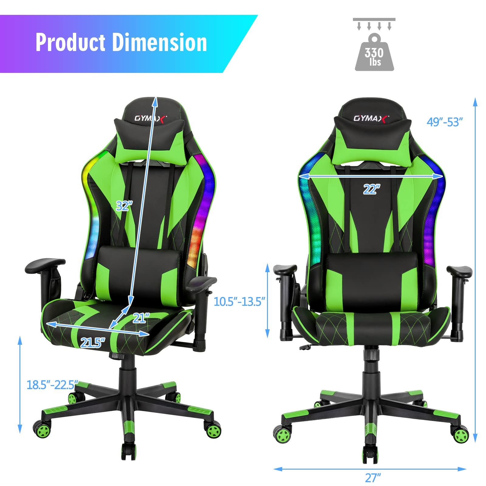 Powerstone RGB Gaming Chair - Ergonomic High Back Racing Style Computer Chair for Adults with Adjustable Lumbar Support & Armrests - Perfect for Esports, Office Work & Home Gaming Setup (Green)