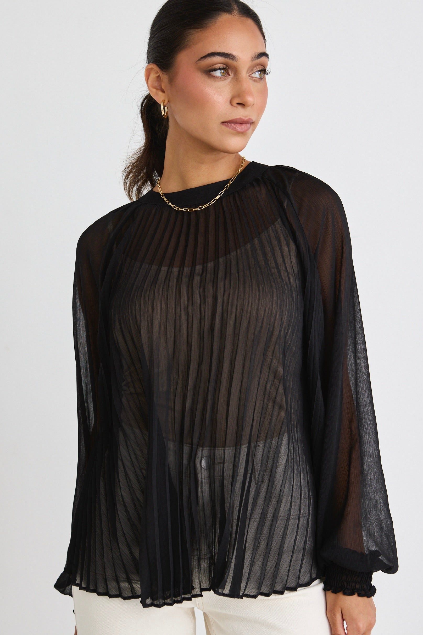 Black Sheer Pleated Swing Top for Women - Flowy Boho Blouse for Casual Wear & Date Night Outfits