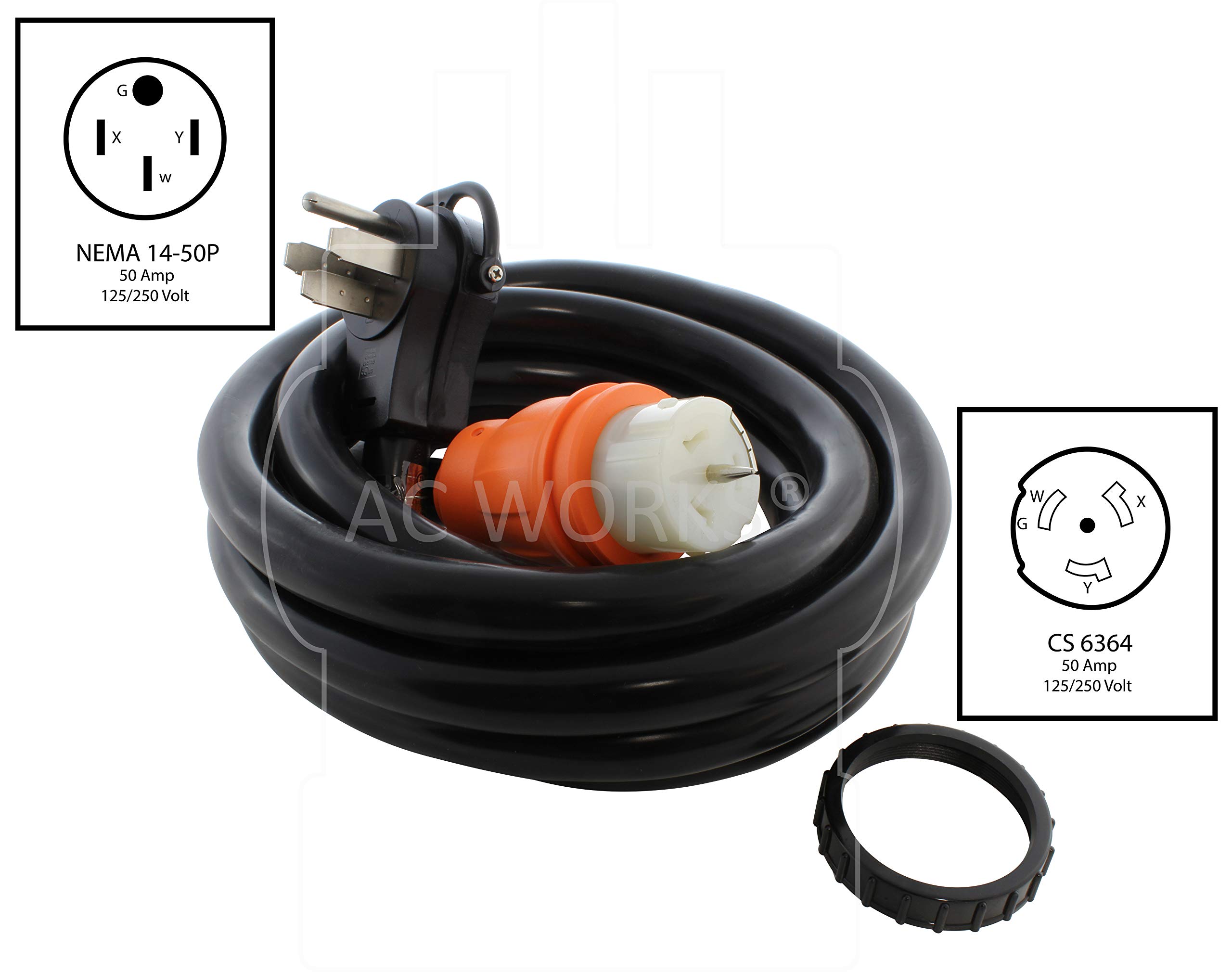 AC WORKS 50Amp Generator to Transfer Switch Inlet Box Adapter - 15FT 14-50P to CS6364 Power Cord for Emergency Backup & RV Power Hookup | Heavy Duty Outdoor Use