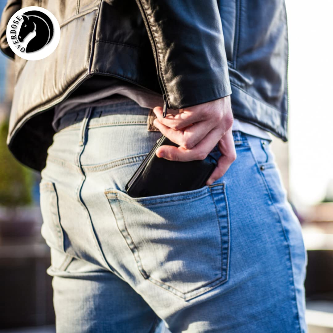 OVERDOSE Men's Ultra Slim Bifold Leather Wallet - RFID Blocking, ID Window & Card Holder - Premium Brown Leather Wallet with Lock Strap & Pocket Chain - Perfect for Everyday Carry, Travel & Business Use