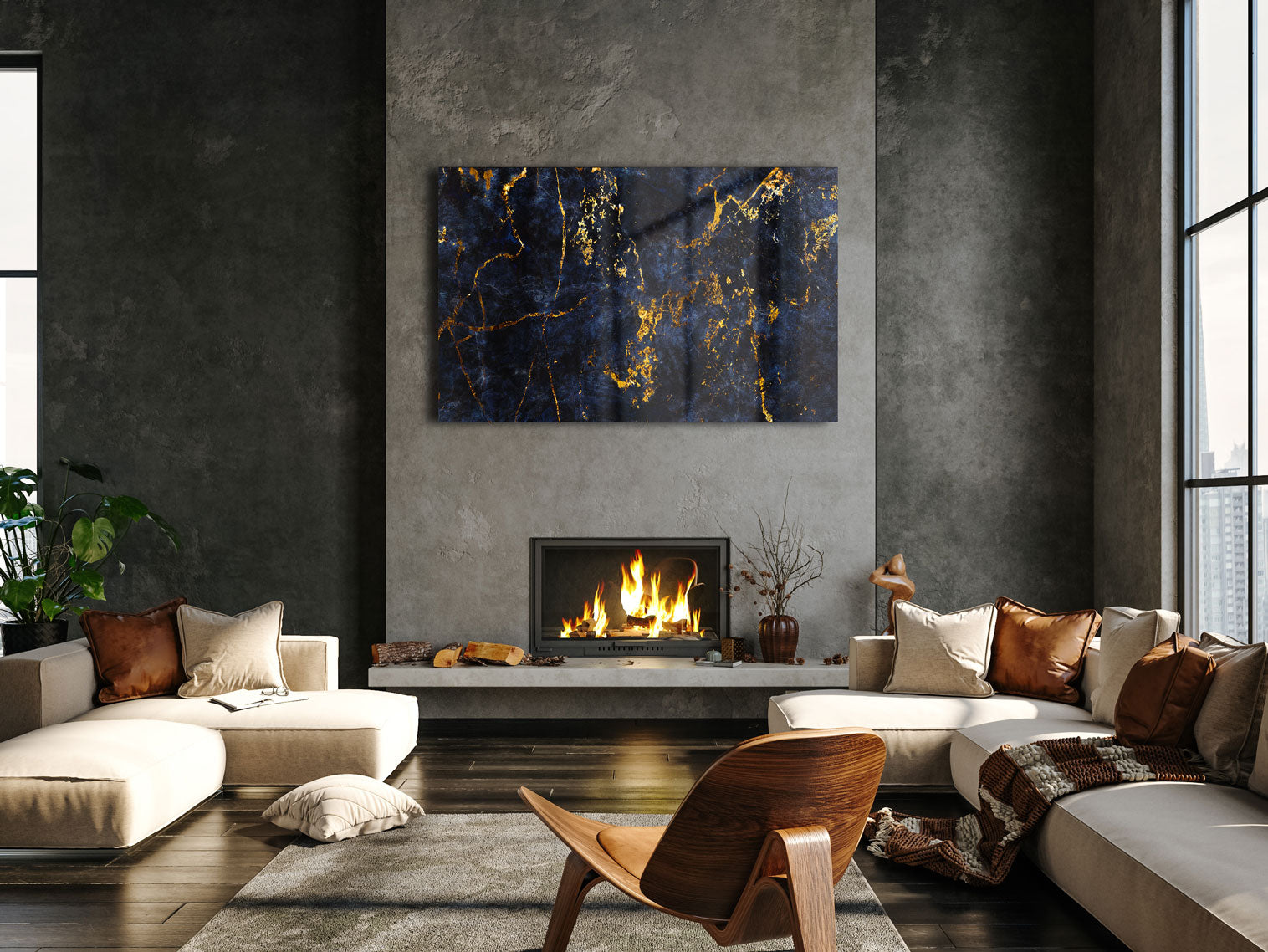 Golden & Navy Abstract Art Print - Modern Wall Decor for Living Room, Bedroom, Office - Perfect for Home & Office Decoration